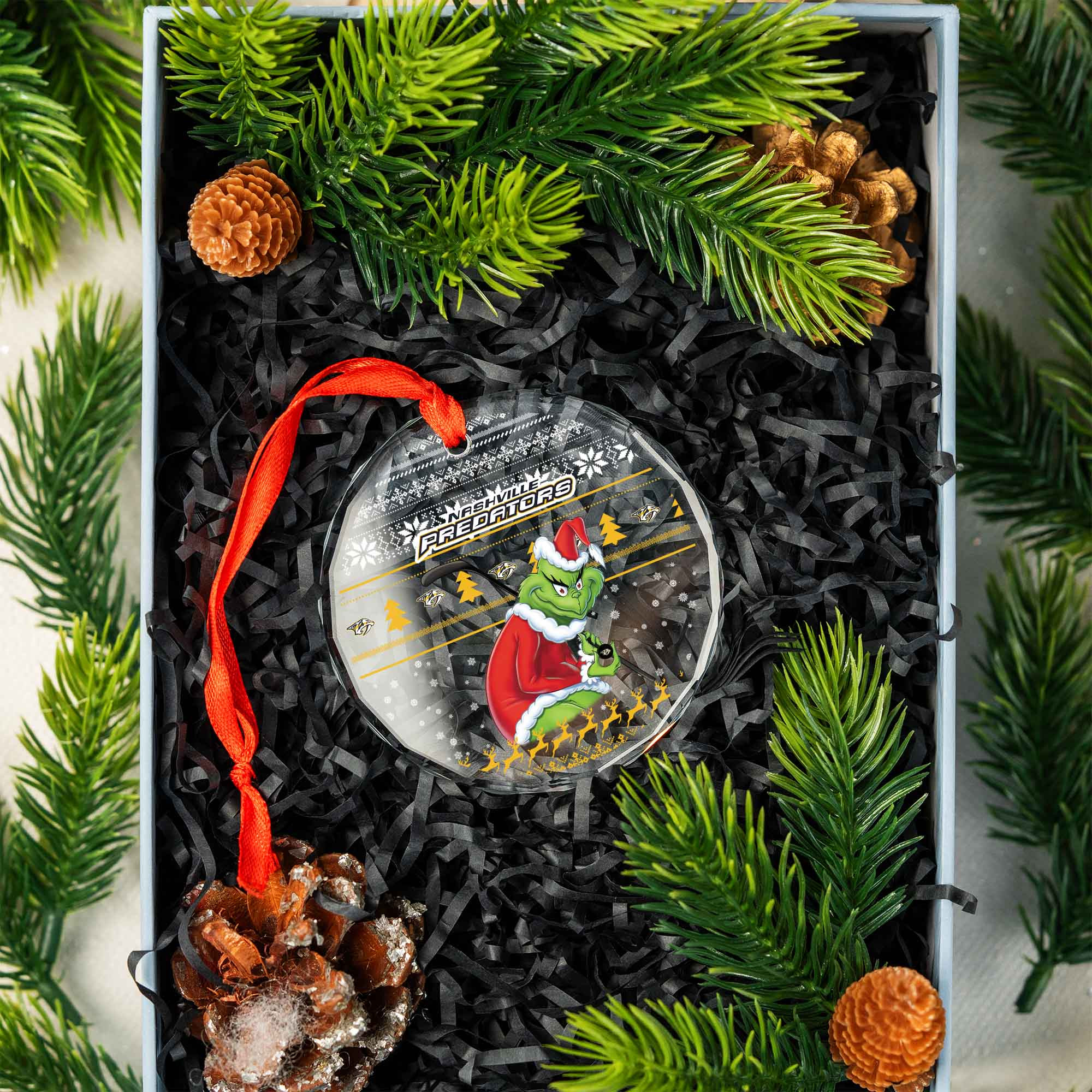 Sportswearmerch Nashville Predators NHL x Grinch Christmas Glass Ornament For Fans