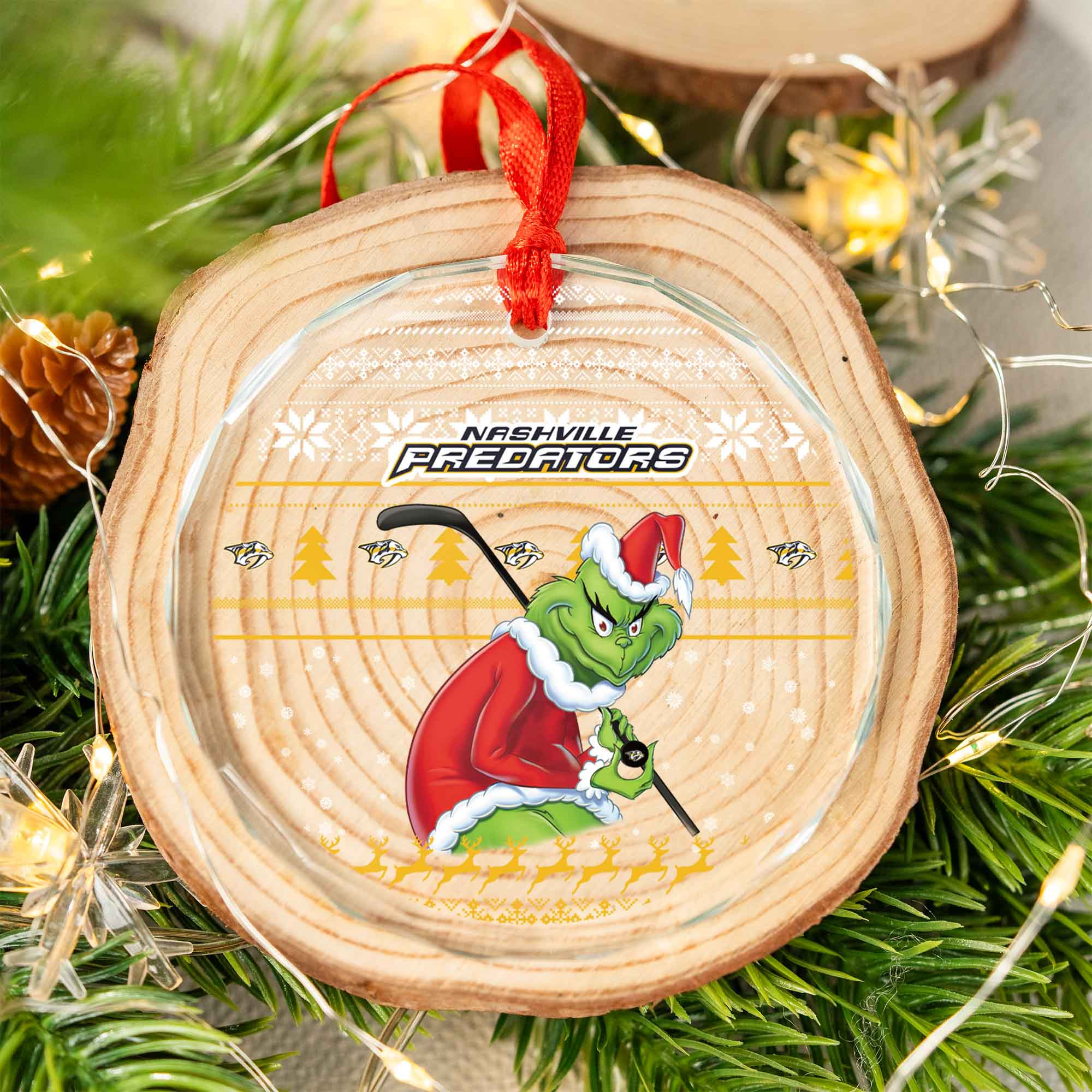 Sportswearmerch Nashville Predators NHL x Grinch Christmas Glass Ornament For Fans