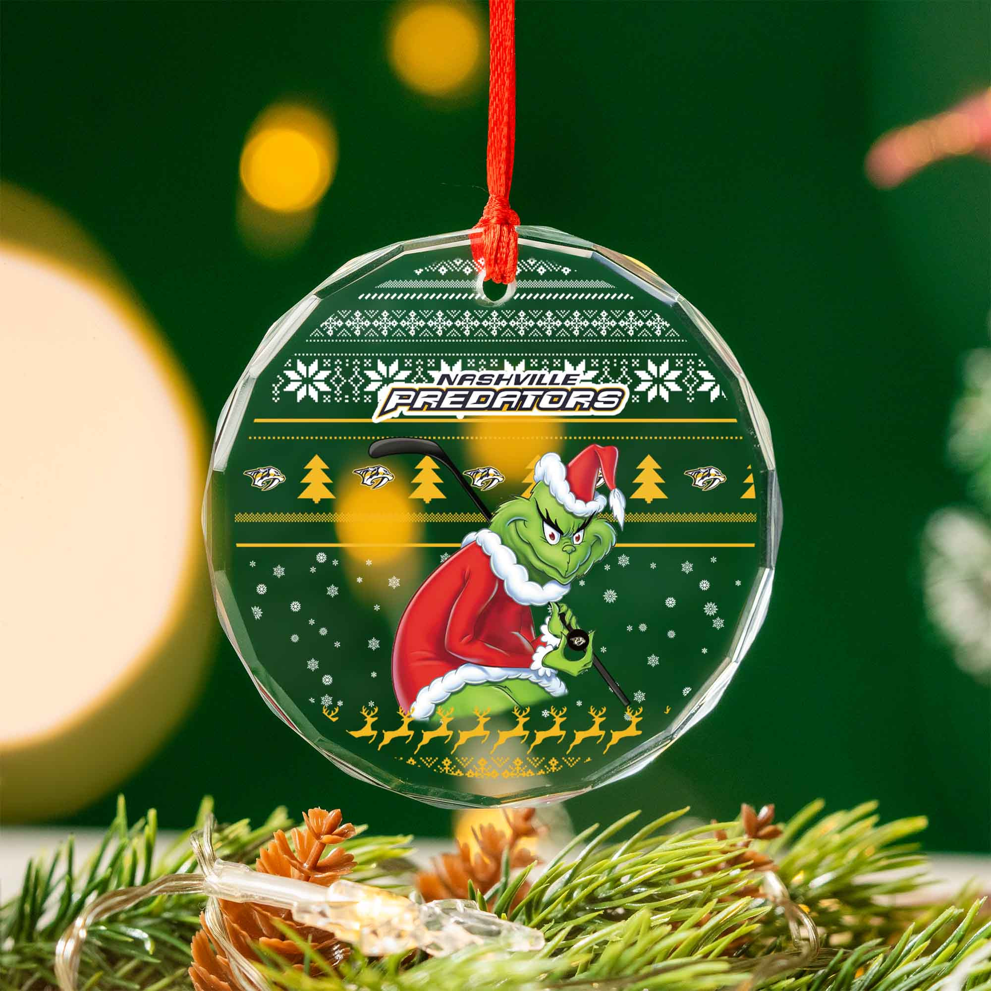 Sportswearmerch Nashville Predators NHL x Grinch Christmas Glass Ornament For Fans