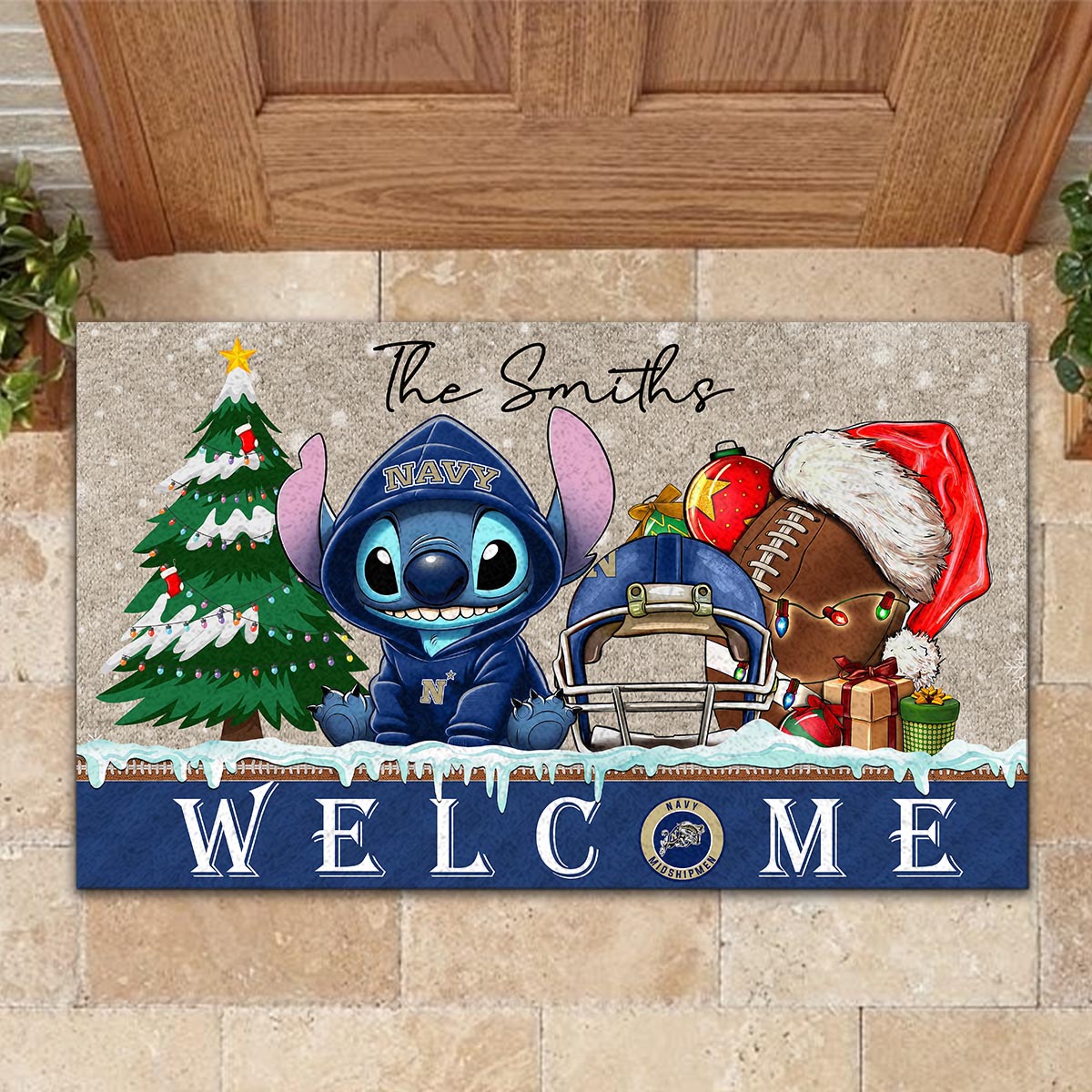 Sportswearmerch Navy Midshipmen NCAA x Cute Stitch Christmas Doormat For Fan