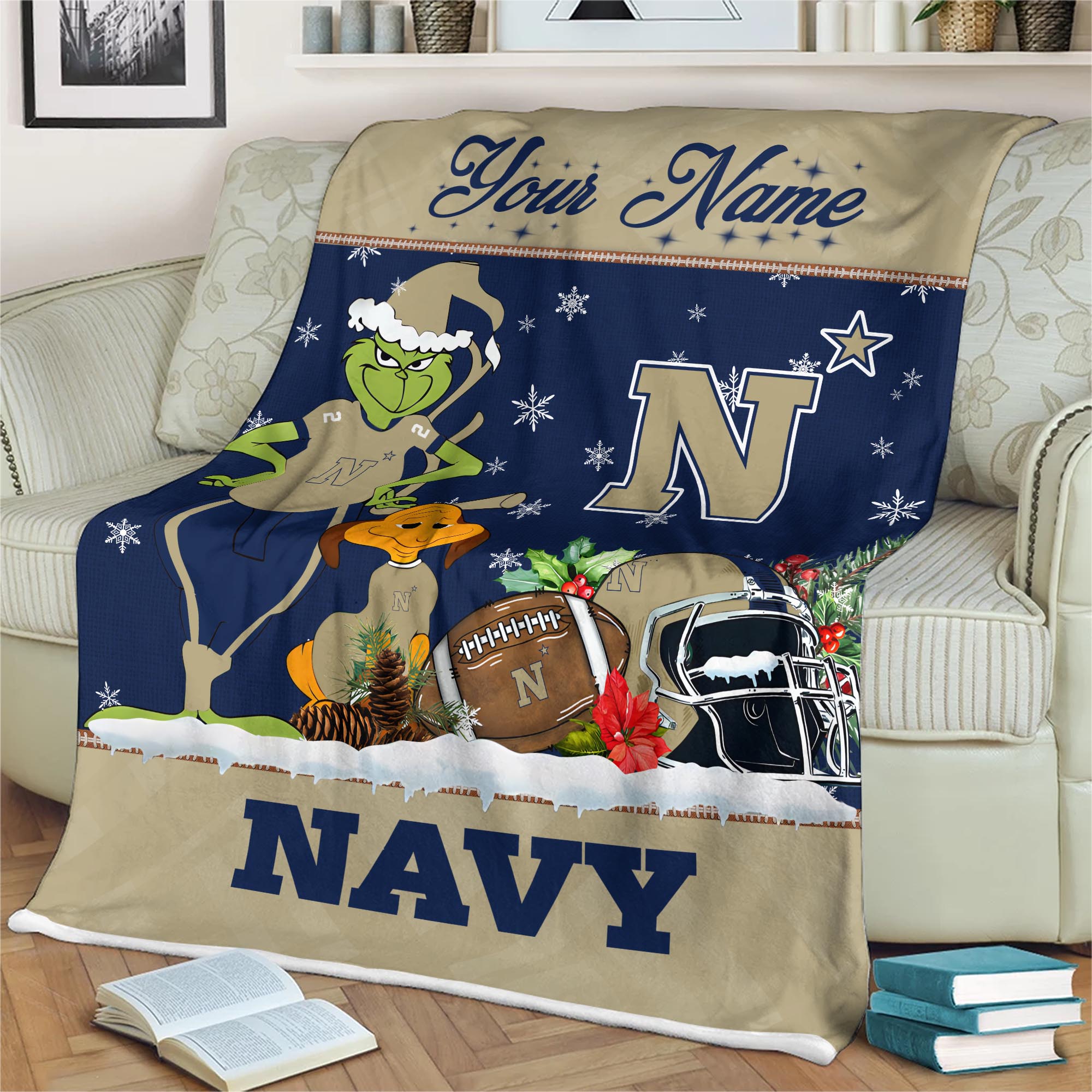 Sportswearmerch Navy Midshipmen NCAA x Grinch Christmas Fleece Blanket For Fan