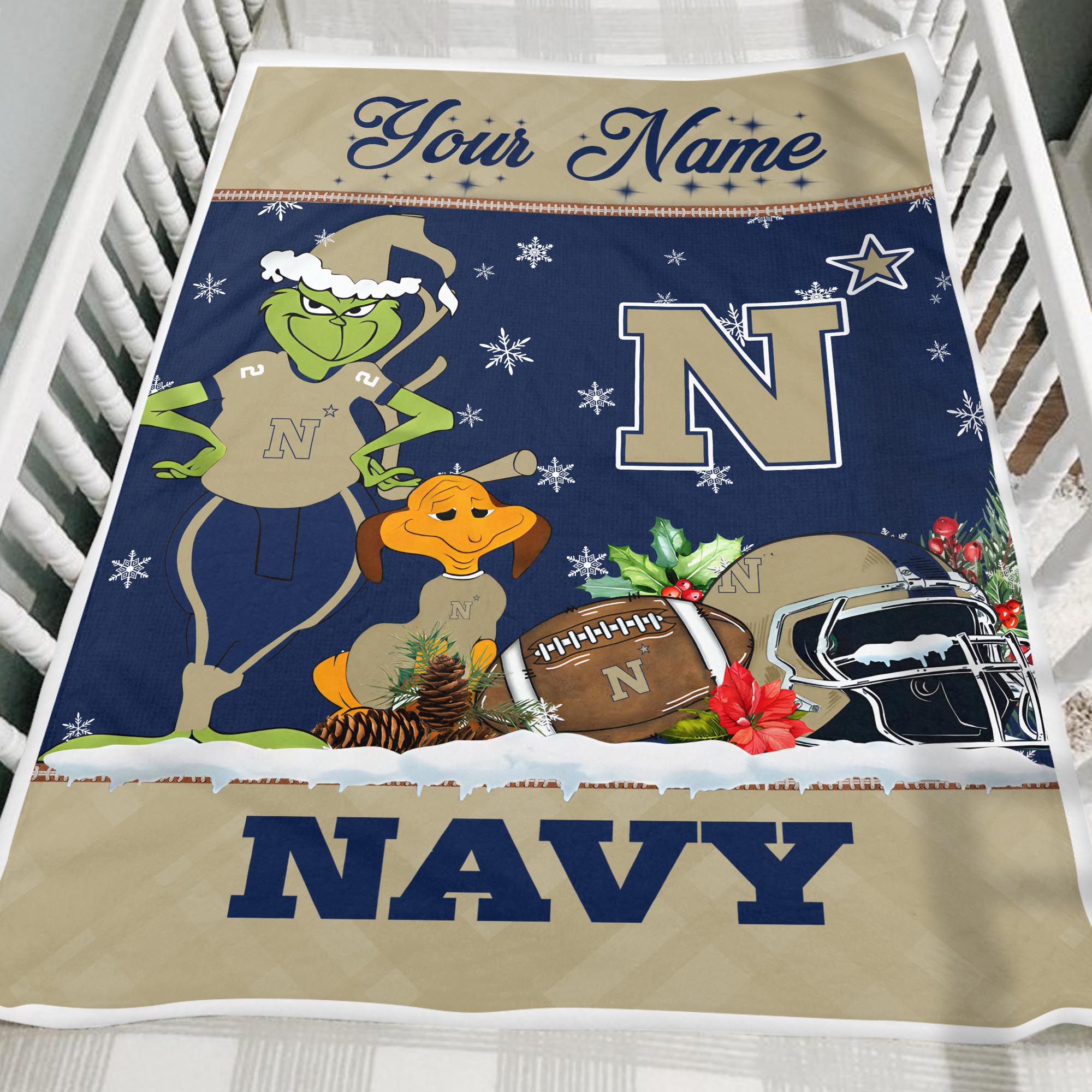 Sportswearmerch Navy Midshipmen NCAA x Grinch Christmas Fleece Blanket For Fan