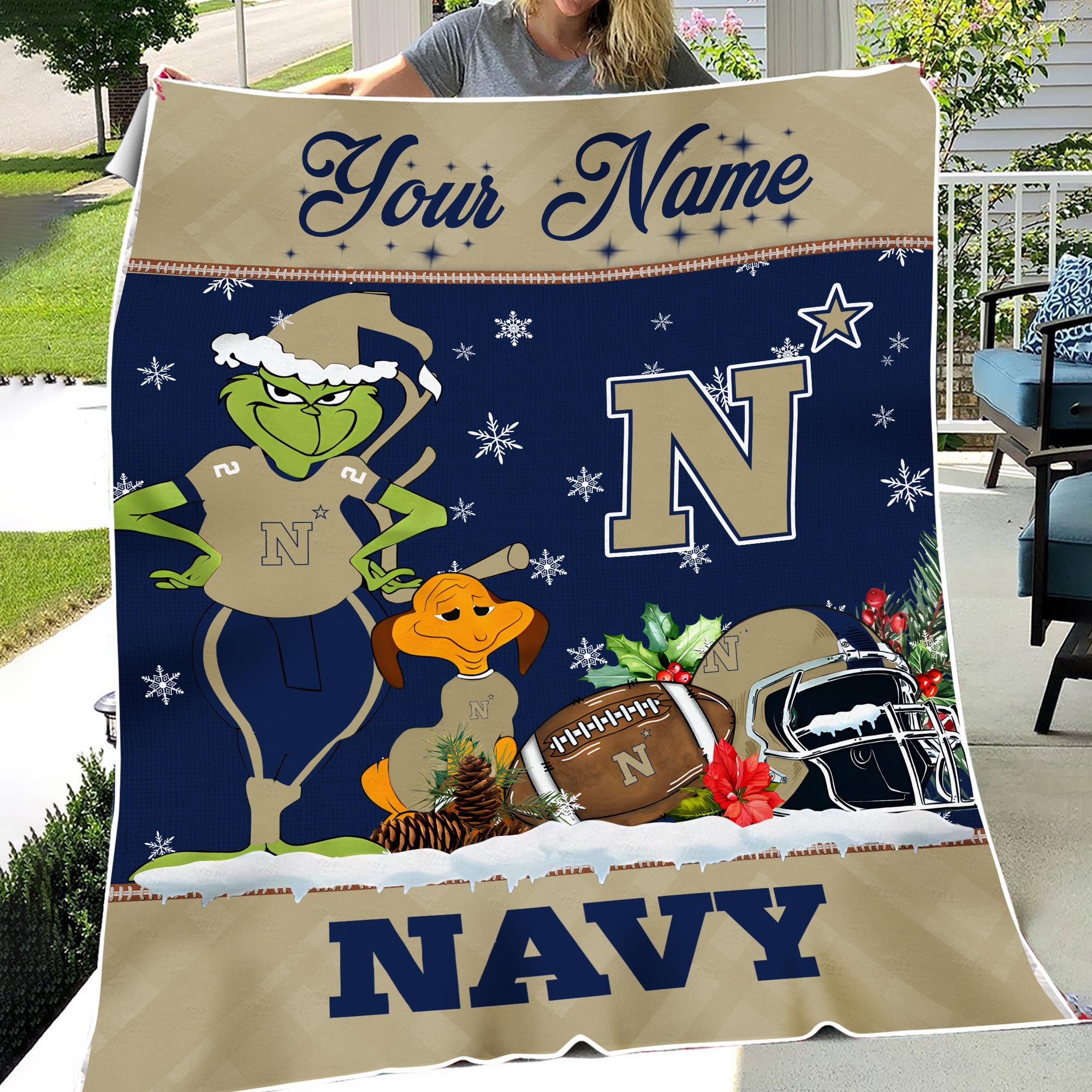 Sportswearmerch Navy Midshipmen NCAA x Grinch Christmas Fleece Blanket For Fan