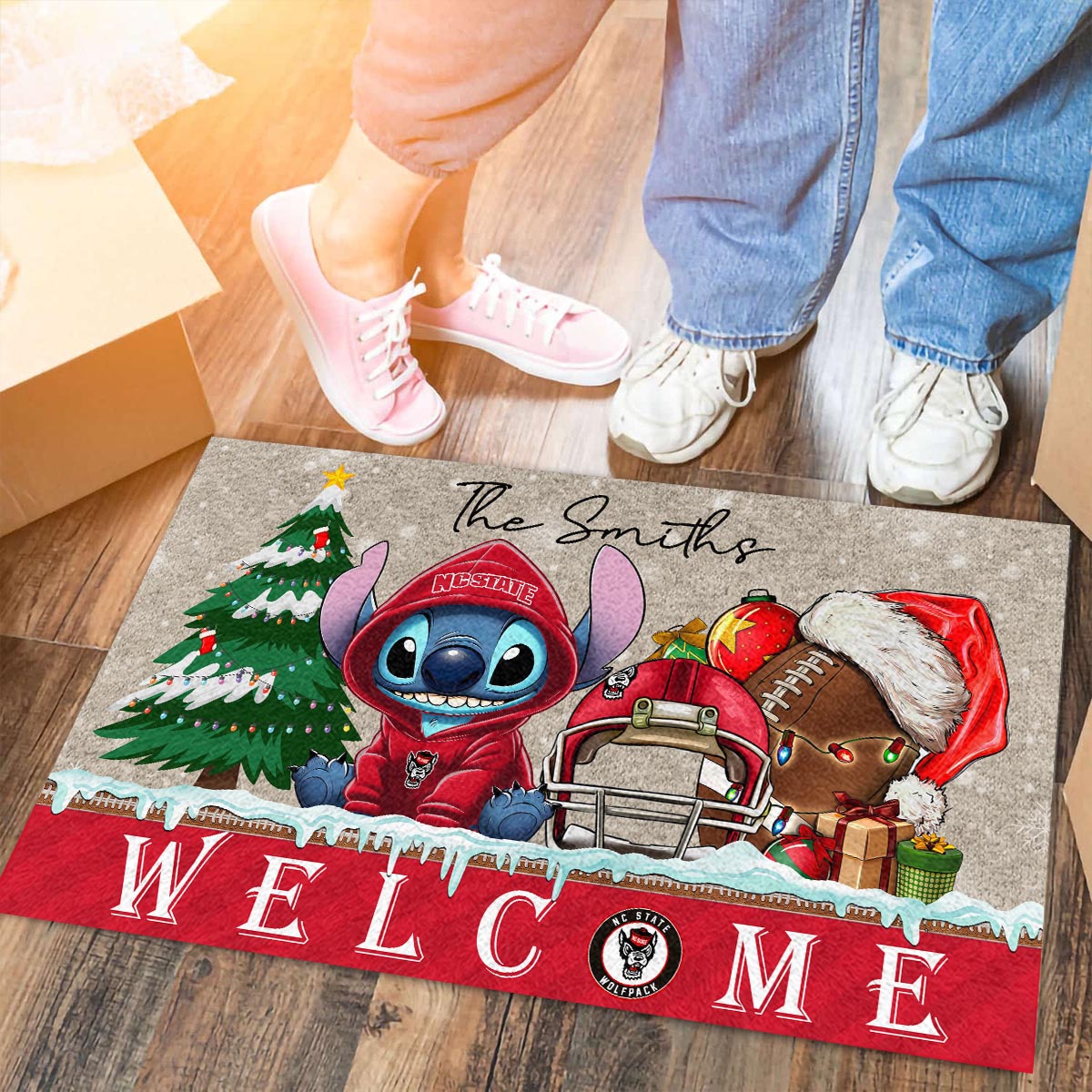 Sportswearmerch NC State Wolfpack NCAA x Cute Stitch Christmas Doormat For Fan