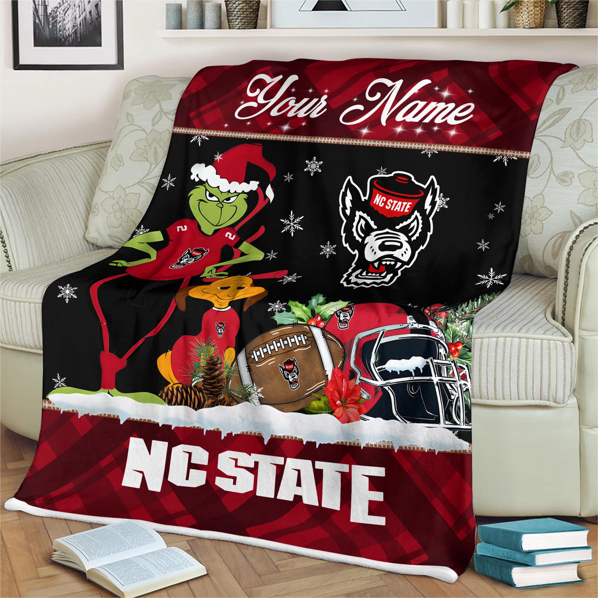 Sportswearmerch NC State Wolfpack NCAA x Grinch Christmas Fleece Blanket For Fan