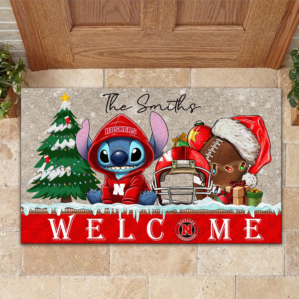 Sportswearmerch Nebraska Cornhuskers NCAA x Cute Stitch Christmas Doormat For Fan
