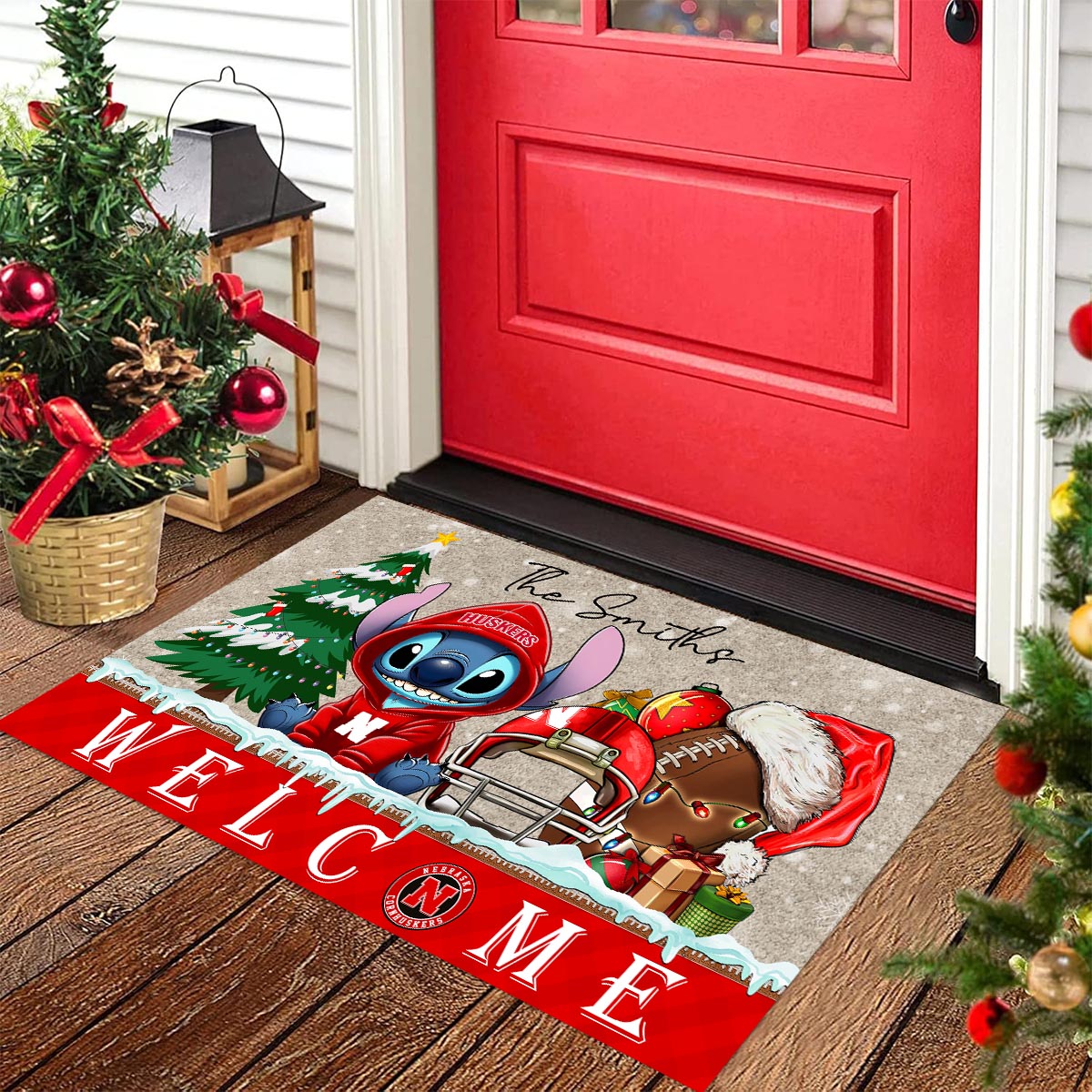 Sportswearmerch Nebraska Cornhuskers NCAA x Cute Stitch Christmas Doormat For Fan