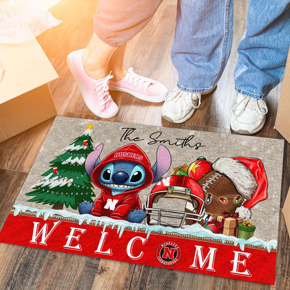Sportswearmerch Nebraska Cornhuskers NCAA x Cute Stitch Christmas Doormat For Fan