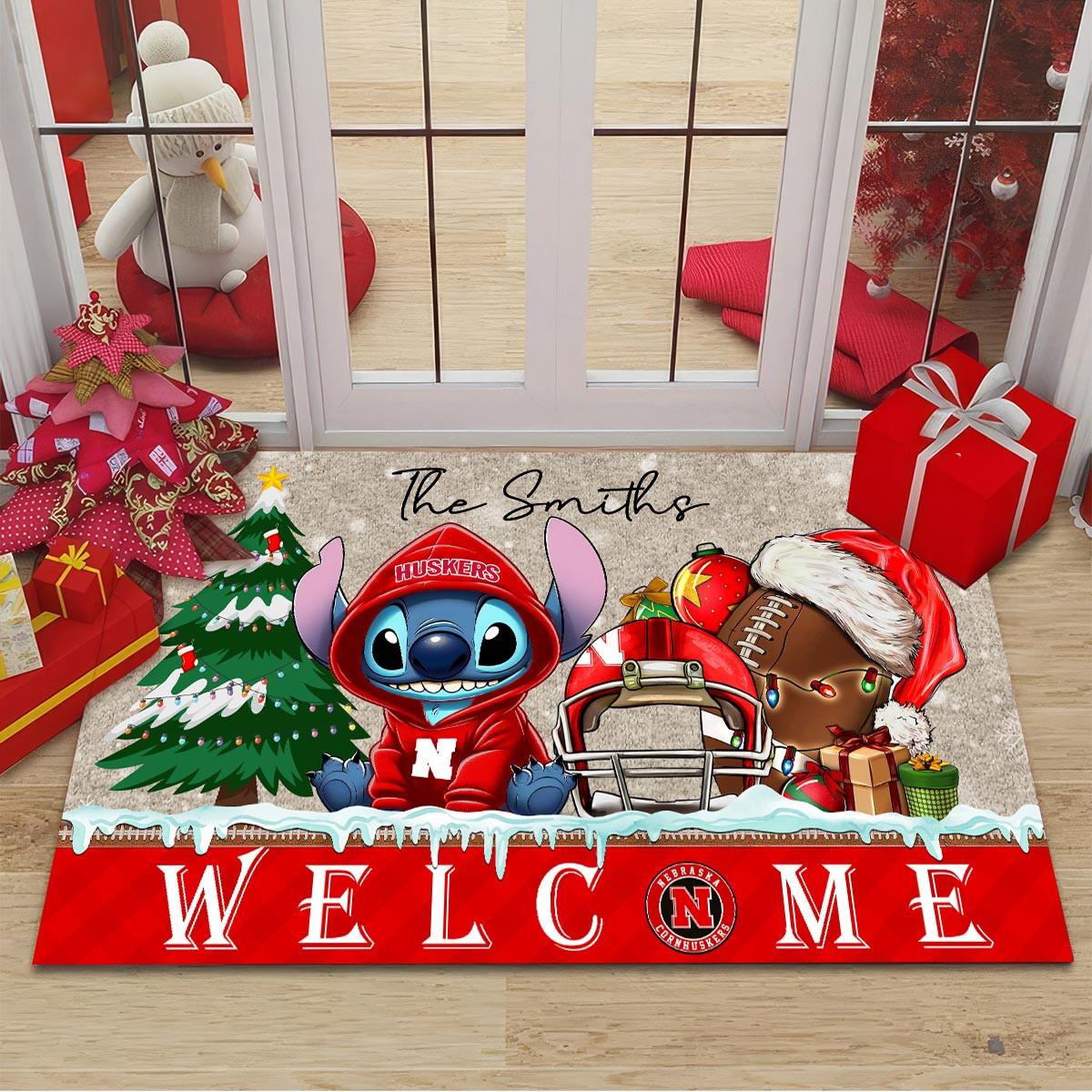 Sportswearmerch Nebraska Cornhuskers NCAA x Cute Stitch Christmas Doormat For Fan