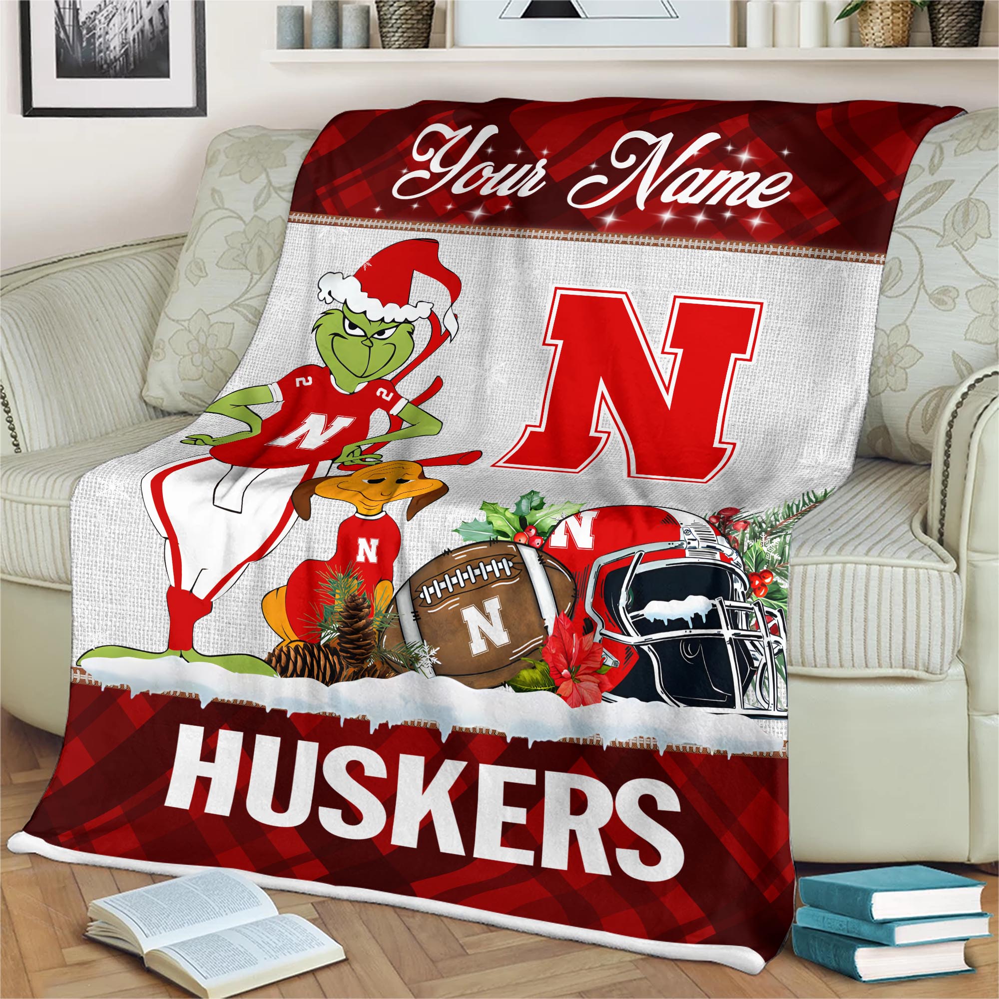 Sportswearmerch Nebraska Cornhuskers NCAA x Grinch Christmas Fleece Blanket For Fan