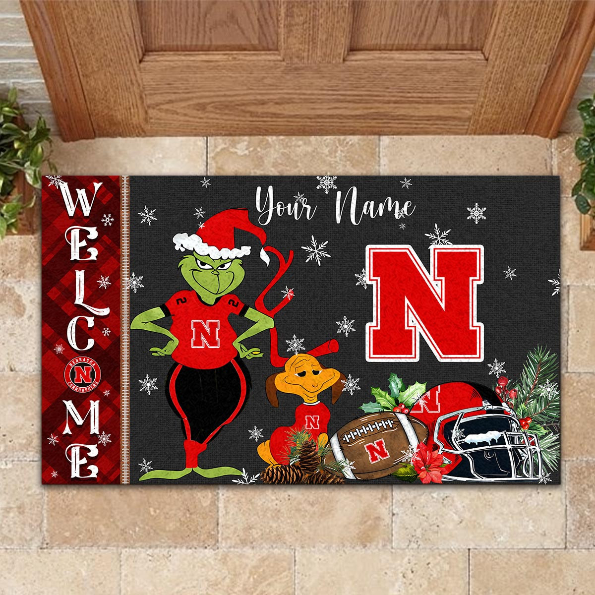 Sportswearmerch Nebraska Cornhuskers NCAA x Grinch Christmas Welcome Football Doormat For Fan