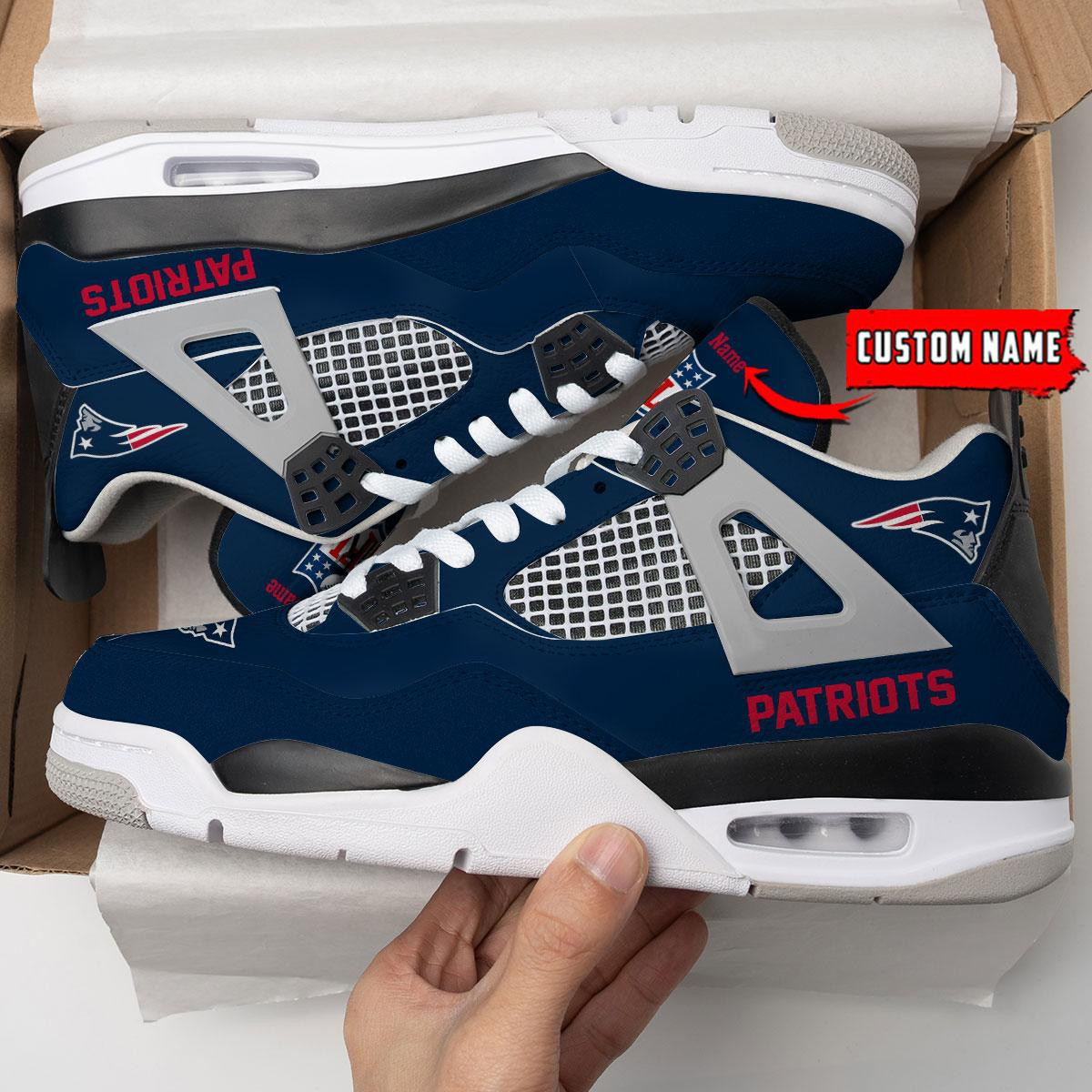 Sportswearmerch New England Patriots NFL Personalized Air Jordan 4 AJ4 Sneakers Shoes For Men And Women