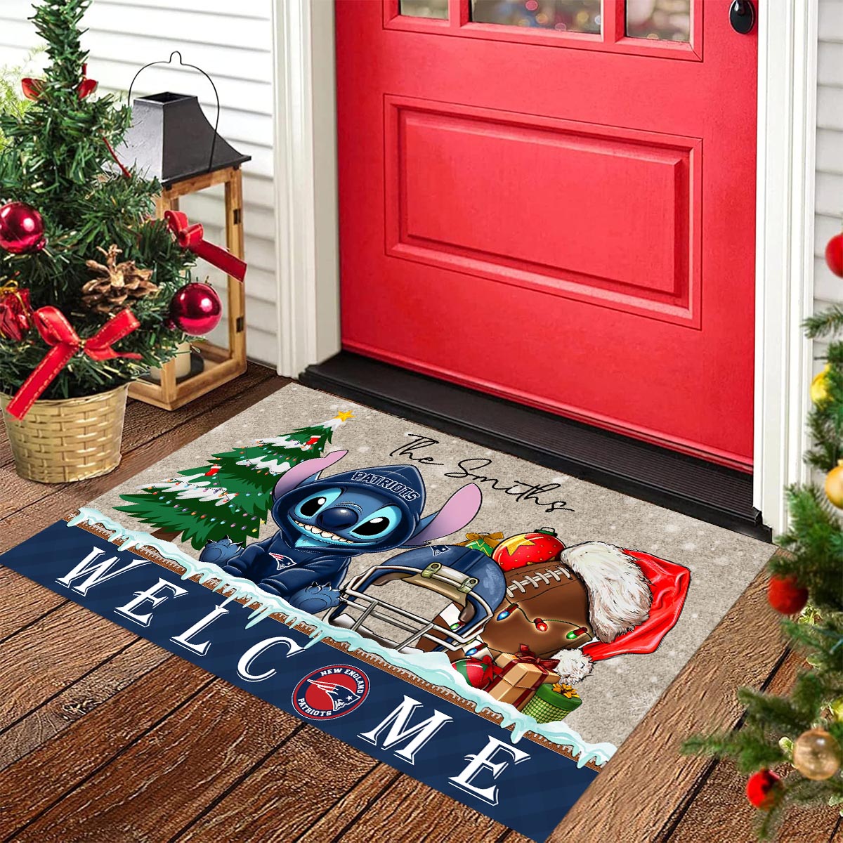 Sportswearmerch New England Patriots NFL x Cute Stitch Christmas Doormat For Fan