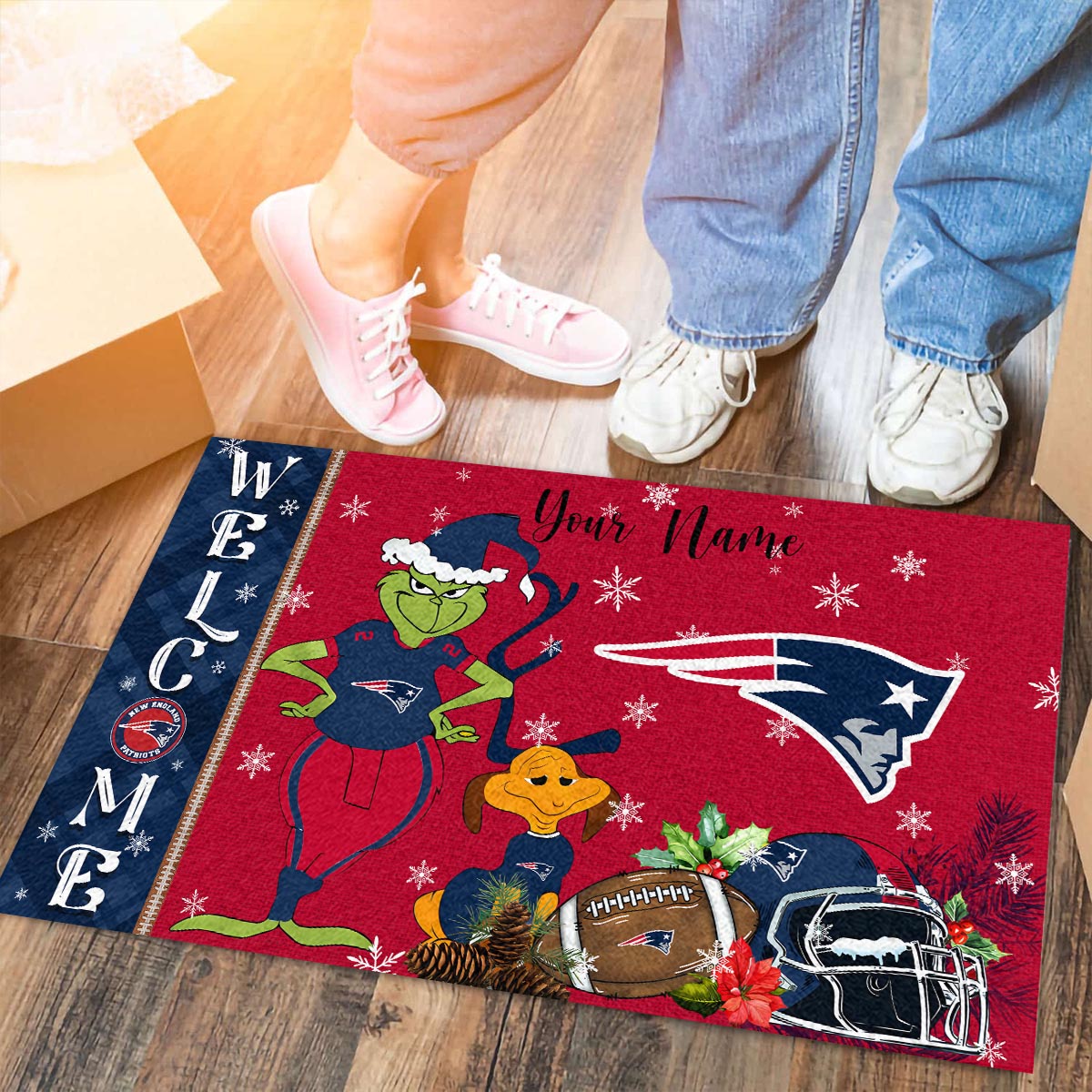 Sportswearmerch New England Patriots NFL x Grinch Christmas Welcome Football Doormat For Fan