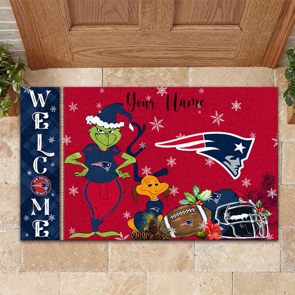 Sportswearmerch New England Patriots NFL x Grinch Christmas Welcome Football Doormat For Fan