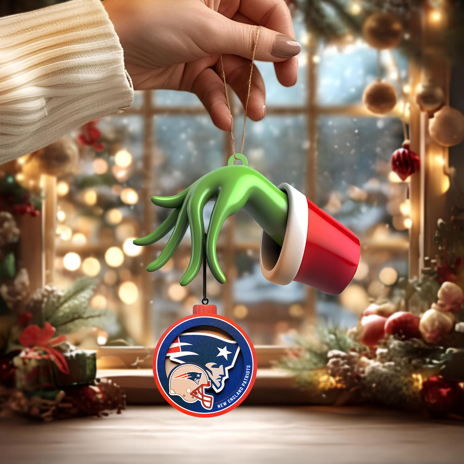 Sportswearmerch New England Patriots NFL x The Grinch Christmas Acrylic Mix Wooden Ornament Gift For Fans