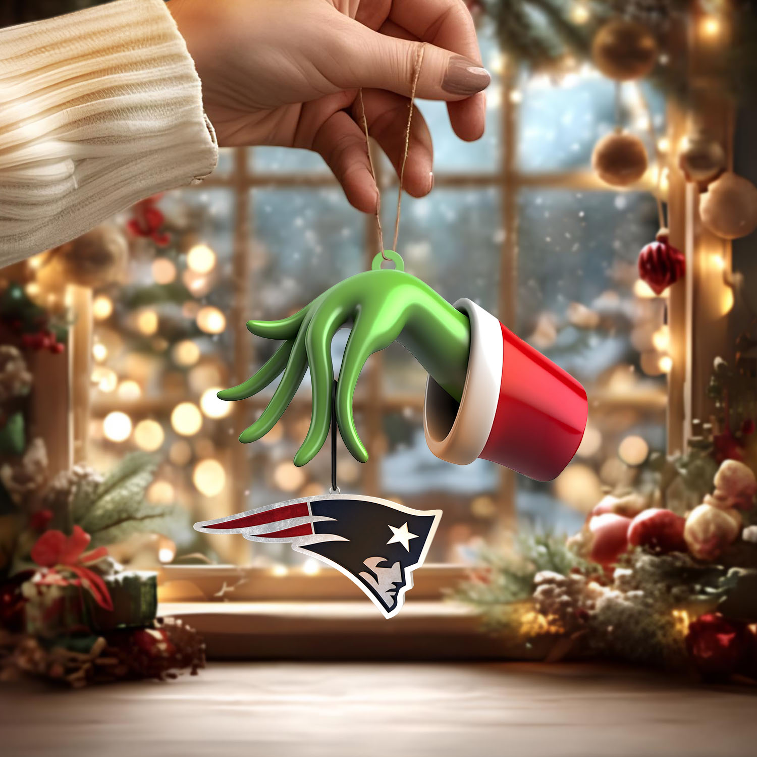 Sportswearmerch New England Patriots NFL x The Grinch Christmas Acrylic Mix Wooden Ornament Gift For Fans