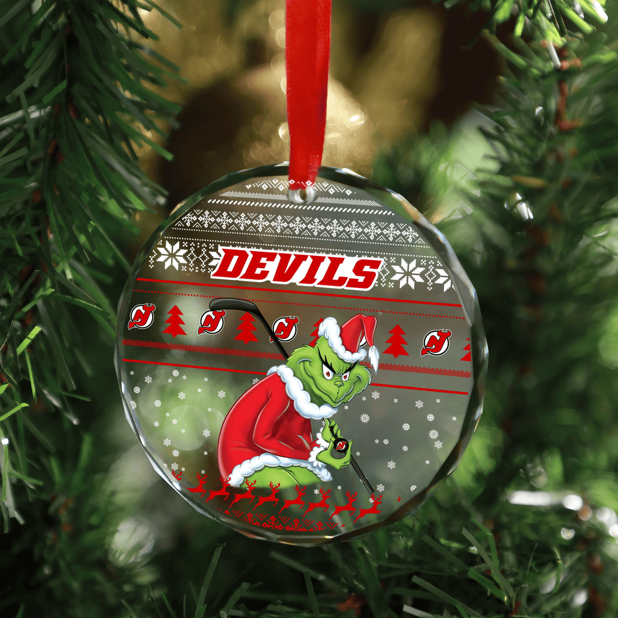 Sportswearmerch New Jersey Devils NHL x Grinch Christmas Glass Ornament For Fans