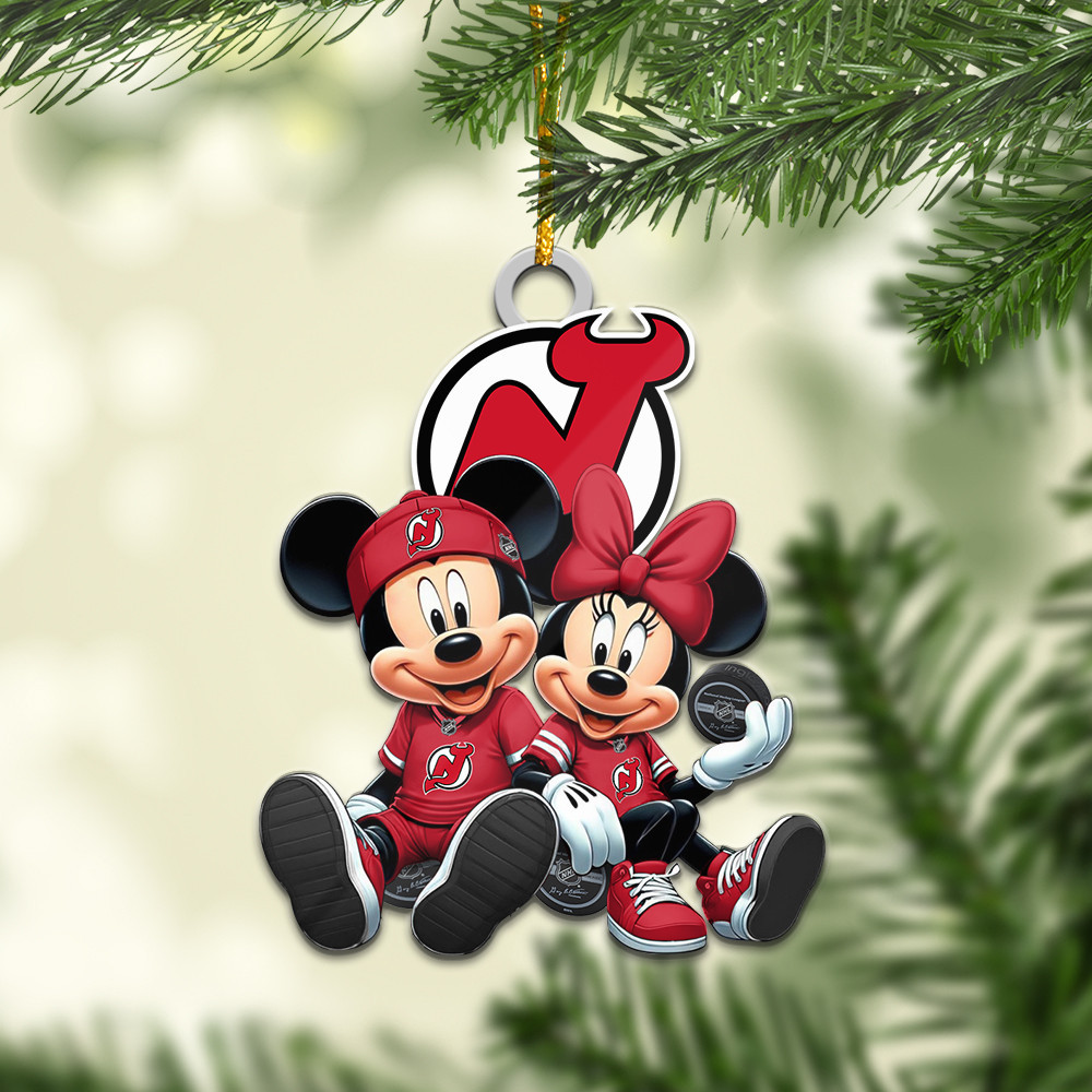 Sportswearmerch New Jersey Devils NHL x Mickey and Minnie Mouse Personalized Acrylic Ornament For Fans