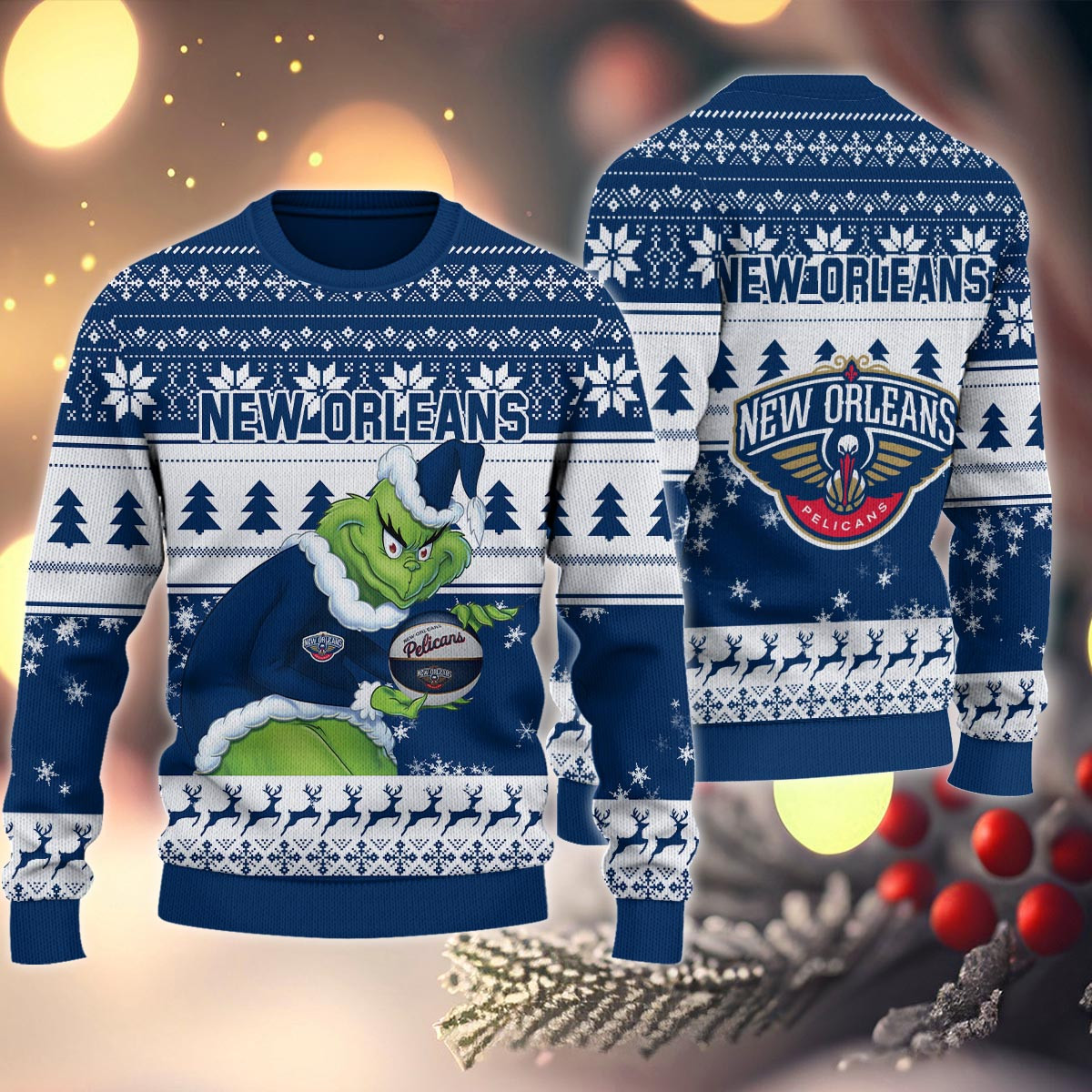Sportswearmerch New Orleans Pelicans NBA x Grinch Christmas Ugly Sweater For Fans