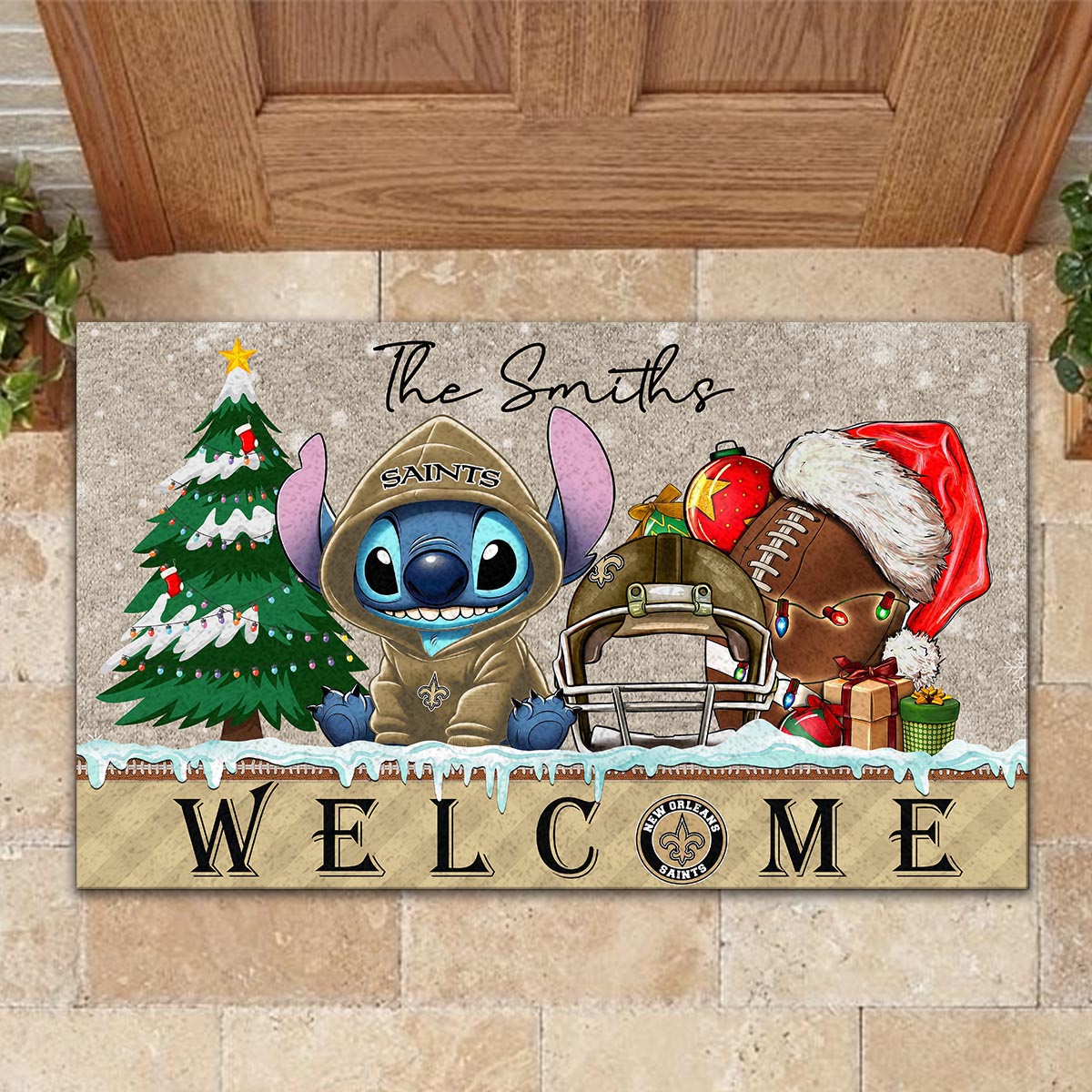 Sportswearmerch New Orleans Saints NFL x Cute Stitch Christmas Doormat For Fan