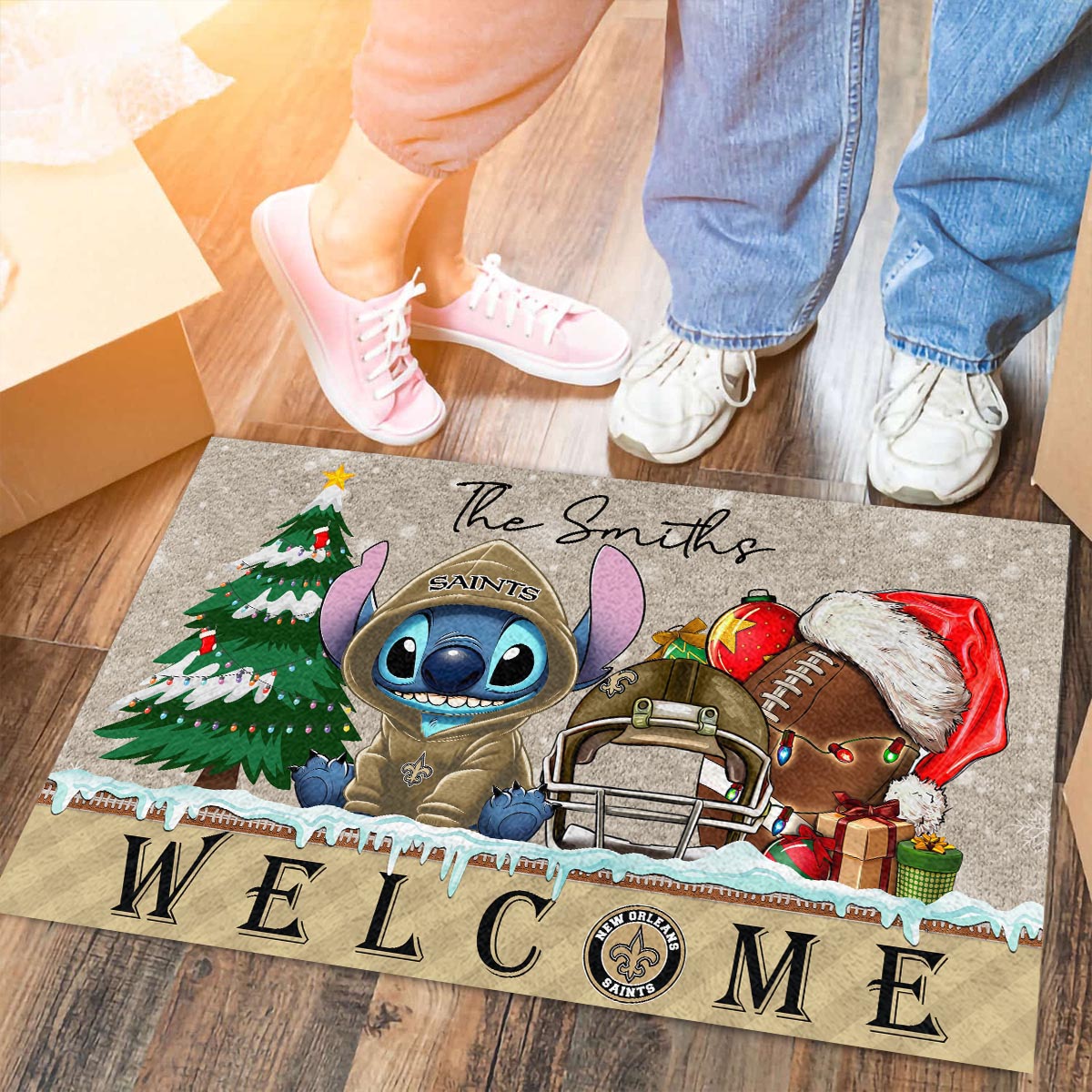 Sportswearmerch New Orleans Saints NFL x Cute Stitch Christmas Doormat For Fan