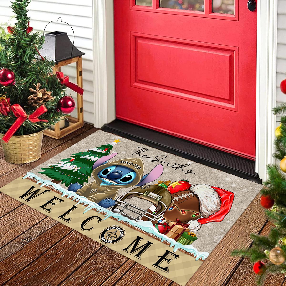 Sportswearmerch New Orleans Saints NFL x Cute Stitch Christmas Doormat For Fan