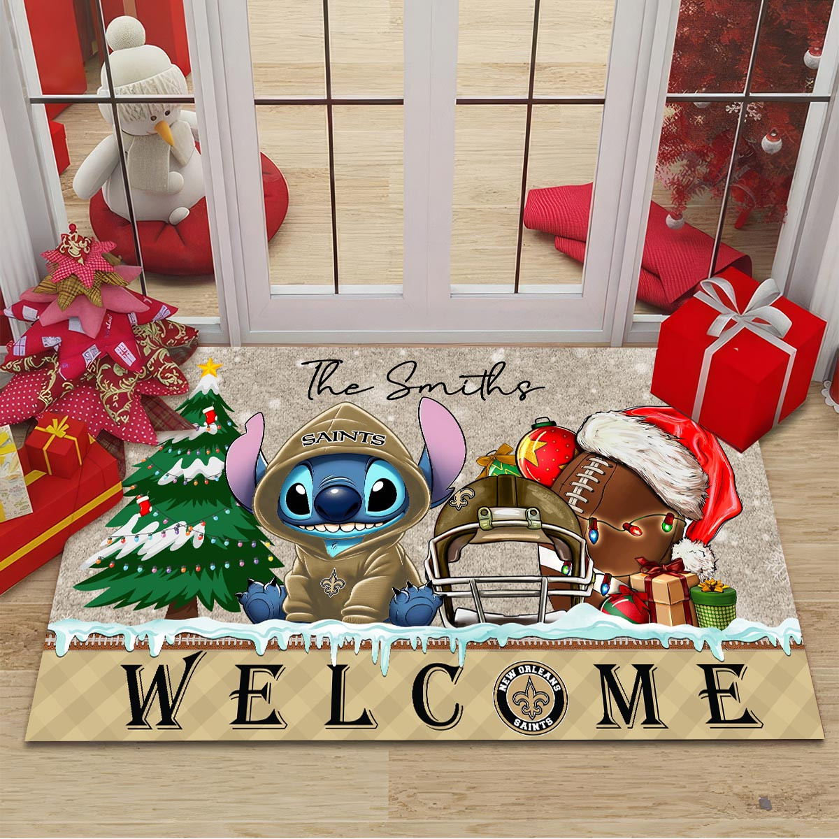 Sportswearmerch New Orleans Saints NFL x Cute Stitch Christmas Doormat For Fan