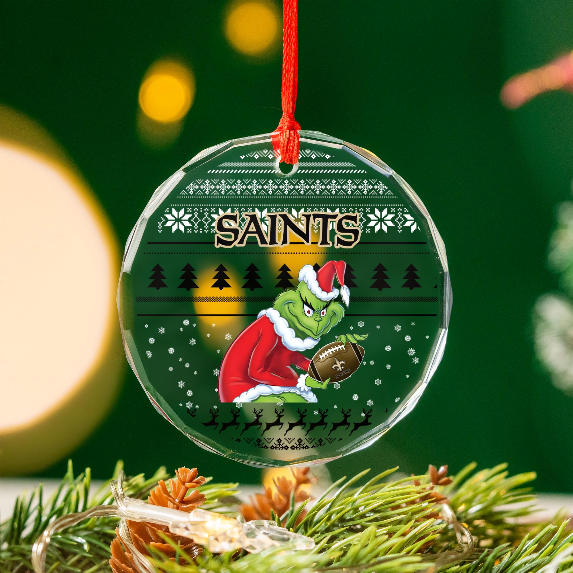 Sportswearmerch New Orleans Saints NFL x Grinch Christmas Glass Ornament For Fans