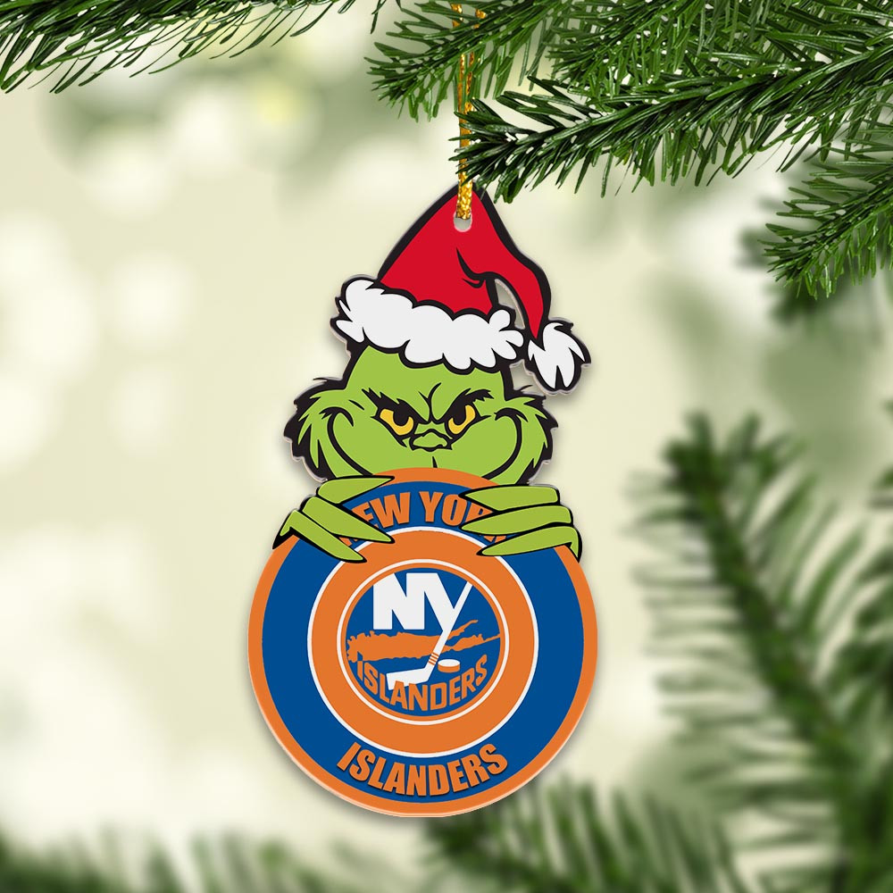 Sportswearmerch New York Islanders NHL x Grinch Christmas Acrylic Ornament For Fans