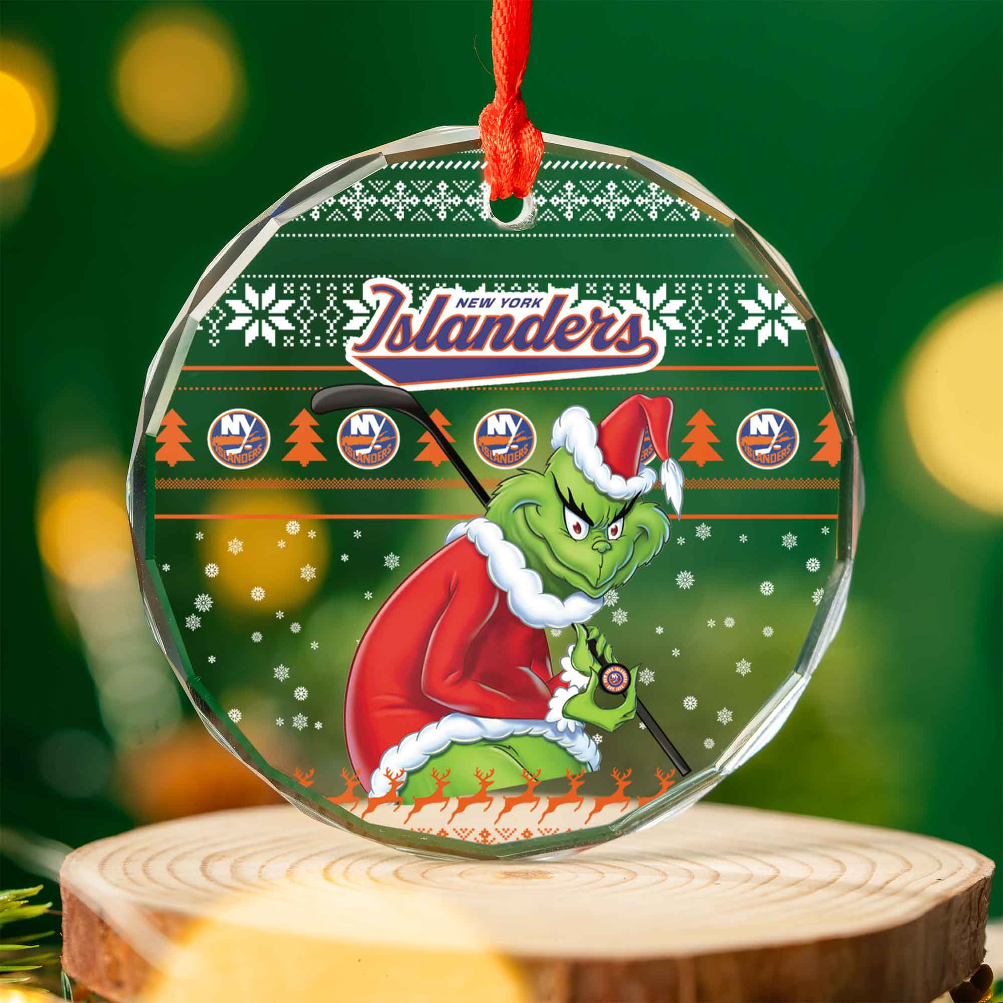 Sportswearmerch New York Islanders NHL x Grinch Christmas Glass Ornament For Fans