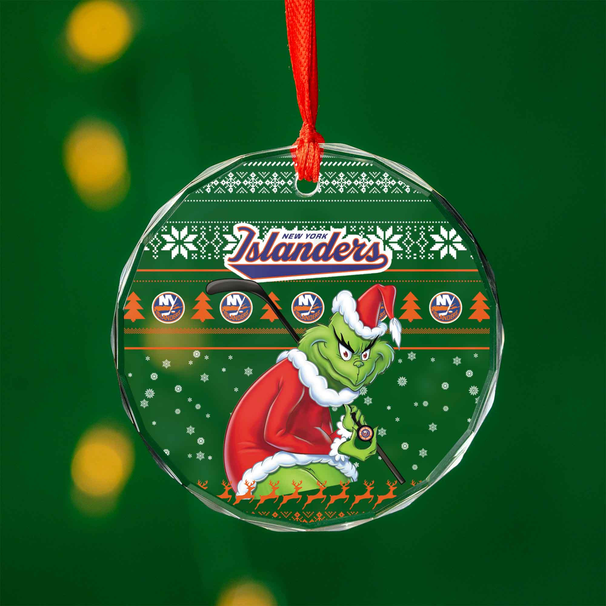 Sportswearmerch New York Islanders NHL x Grinch Christmas Glass Ornament For Fans
