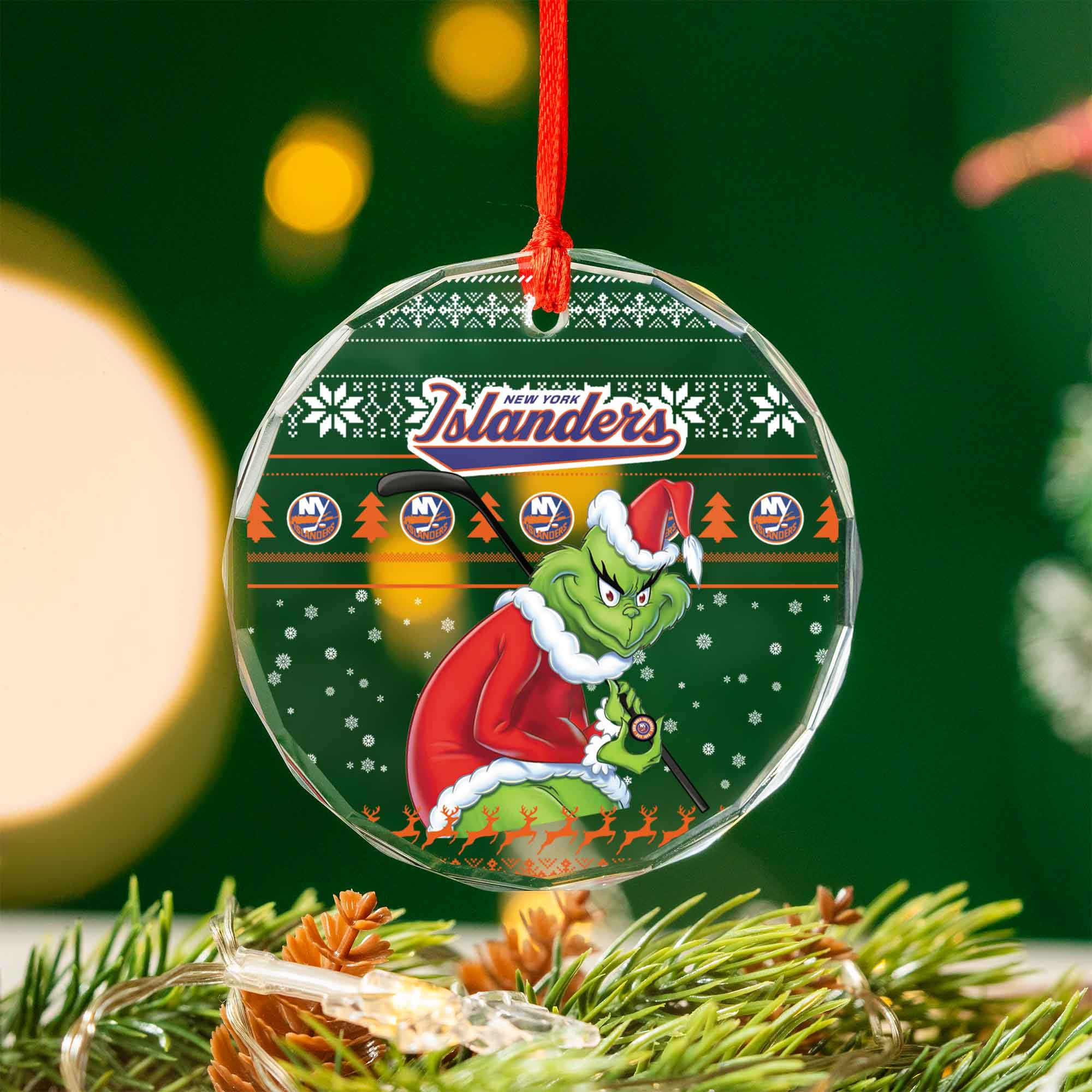 Sportswearmerch New York Islanders NHL x Grinch Christmas Glass Ornament For Fans