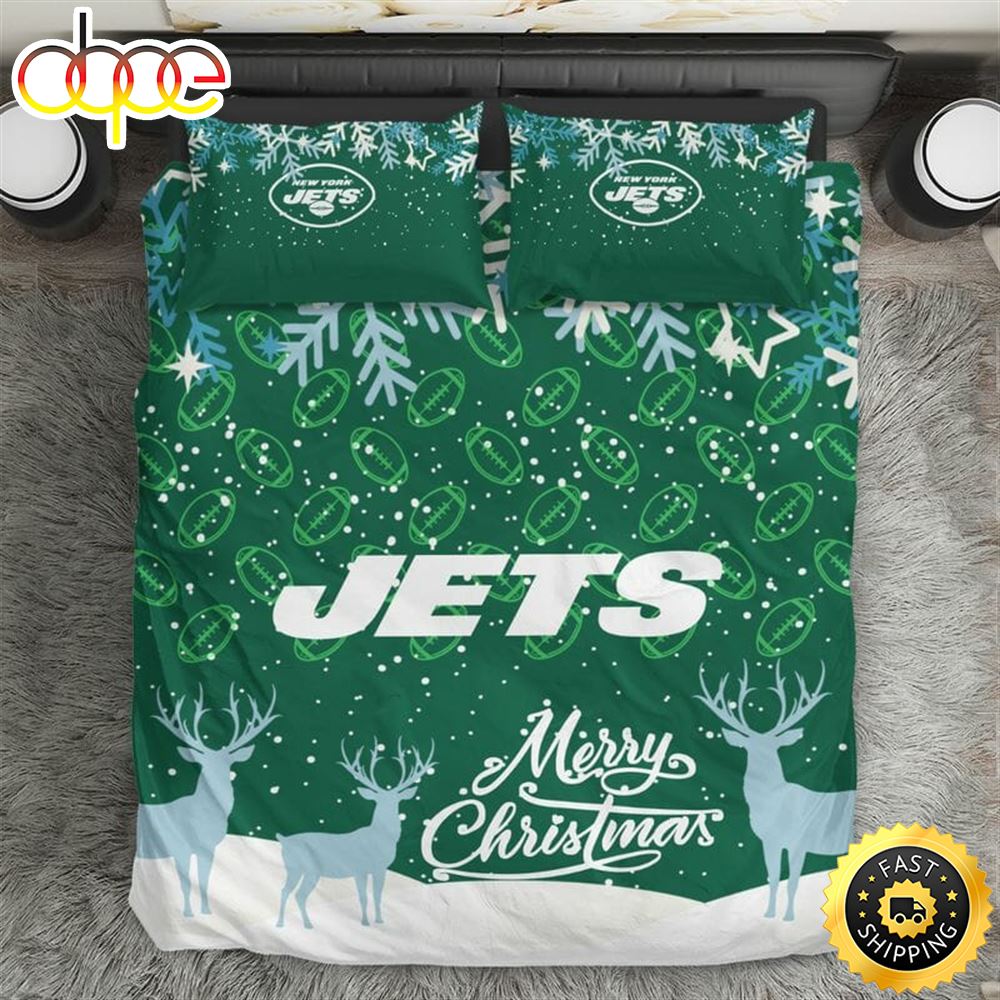 Sportswearmerch New York Jets NFL Green Christmas Bedding Set For Fan
