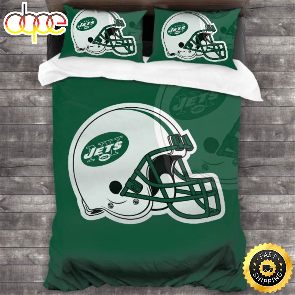 Sportswearmerch New York Jets NFL White Helmet Green Bedding Set For Fan