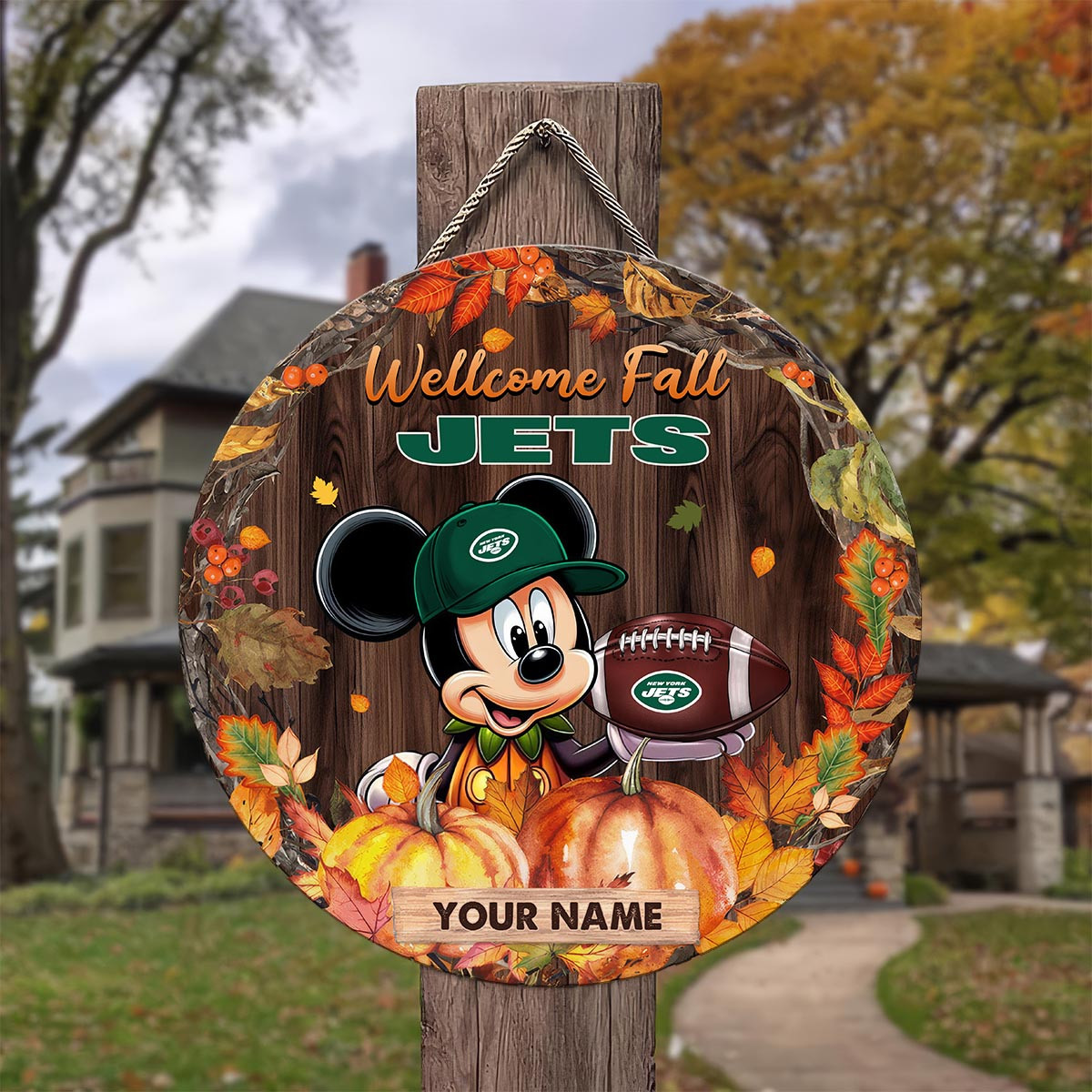 Sportswearmerch New York Jets NFL x Mickey Round Wooden Sign For Fan