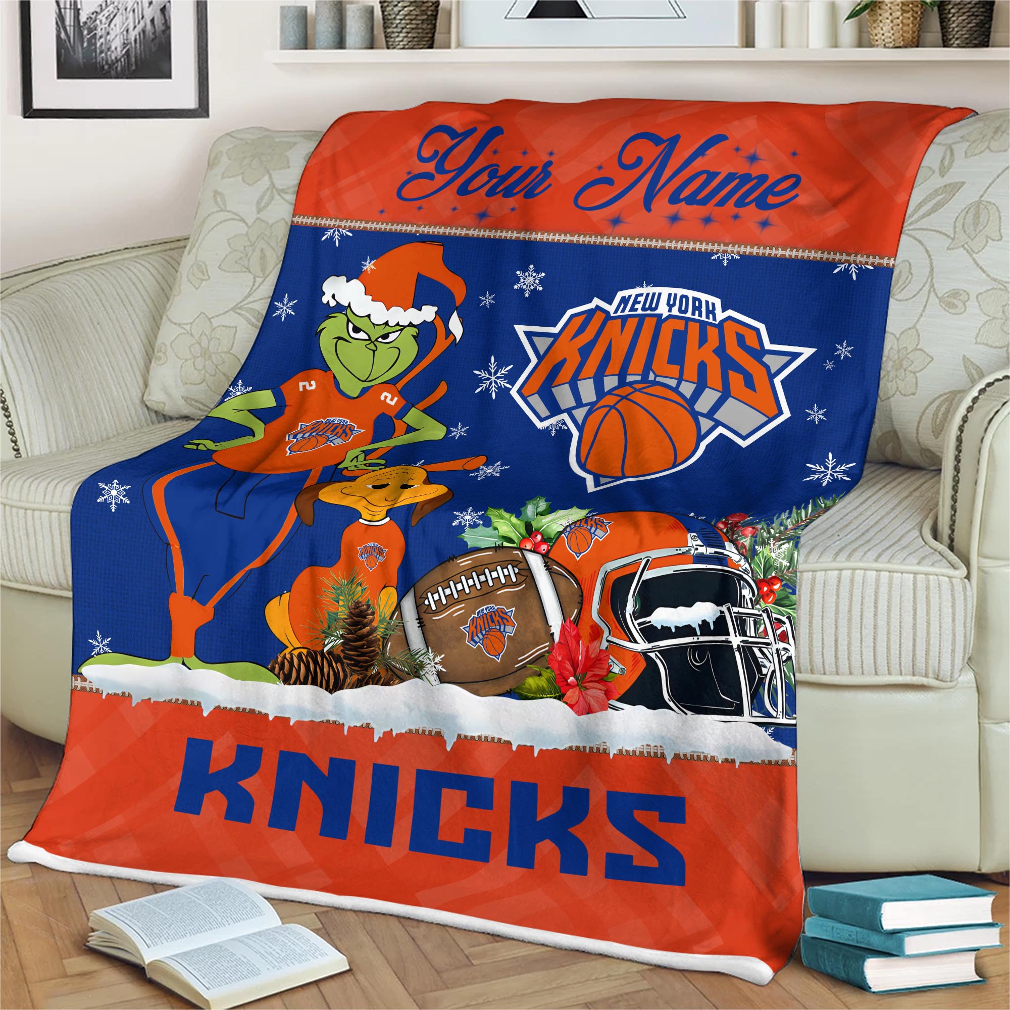 Sportswearmerch New York Knicks NBA x Grinch Christmas Fleece Blanket For Fan