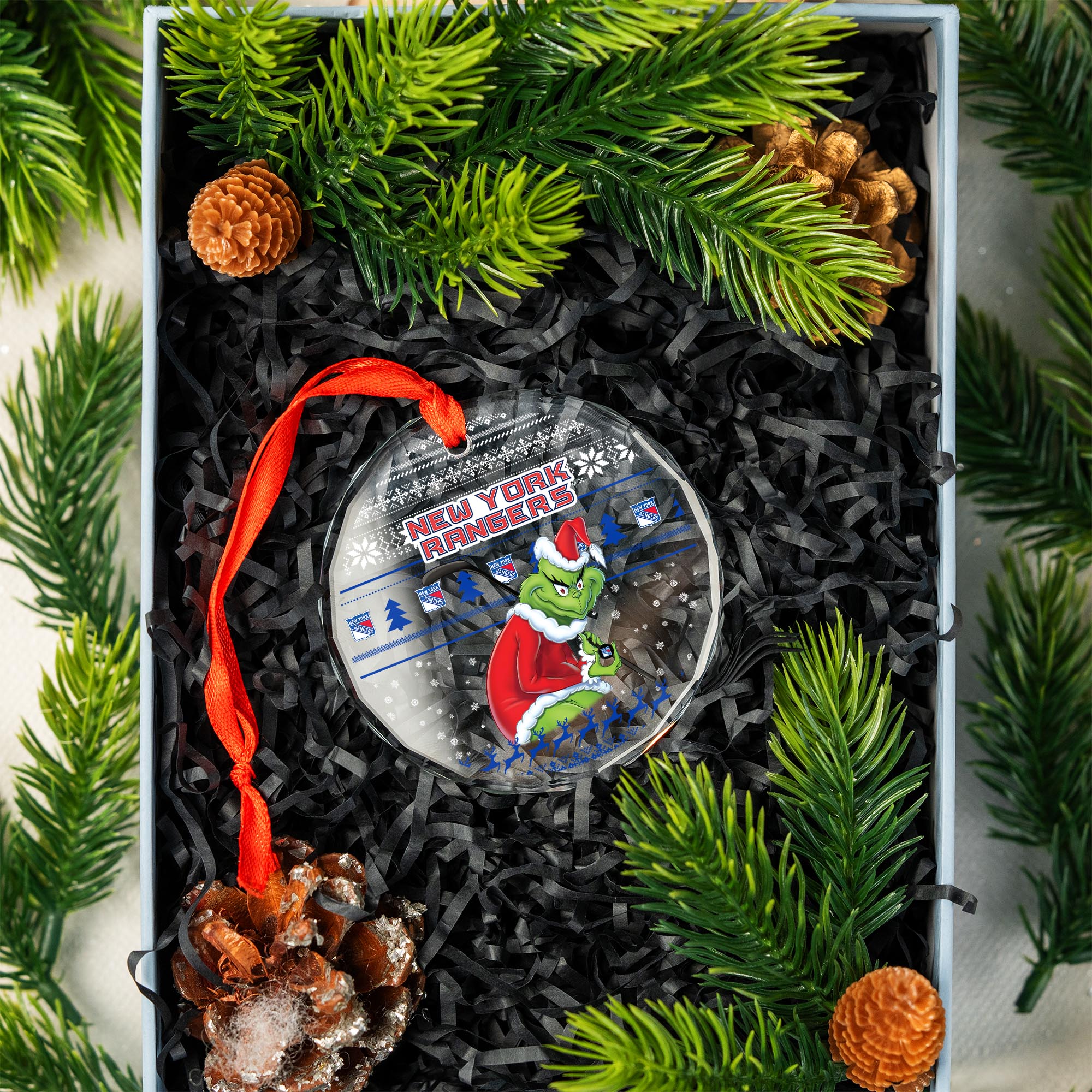 Sportswearmerch New York Rangers NHL x Grinch Christmas Glass Ornament For Fans