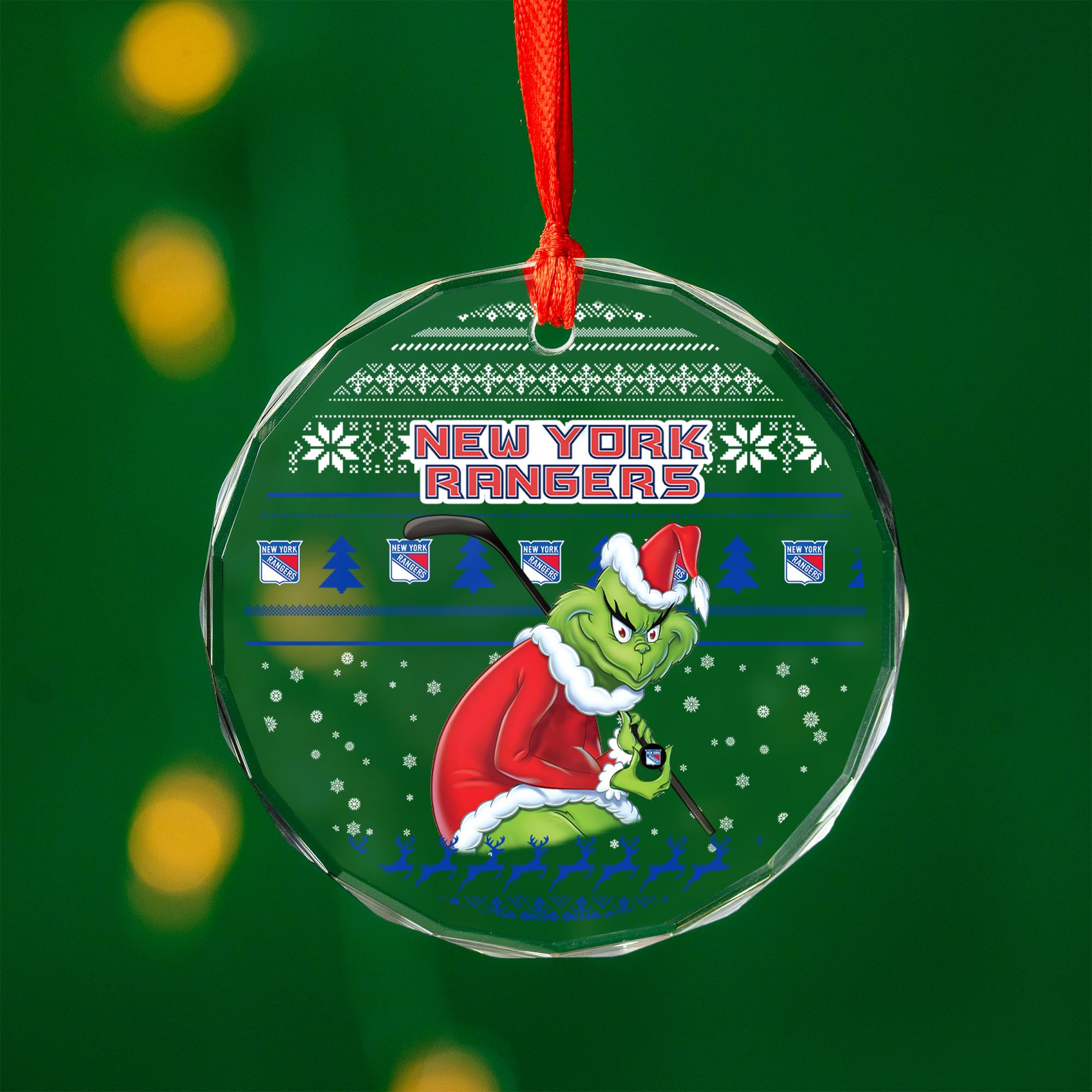 Sportswearmerch New York Rangers NHL x Grinch Christmas Glass Ornament For Fans
