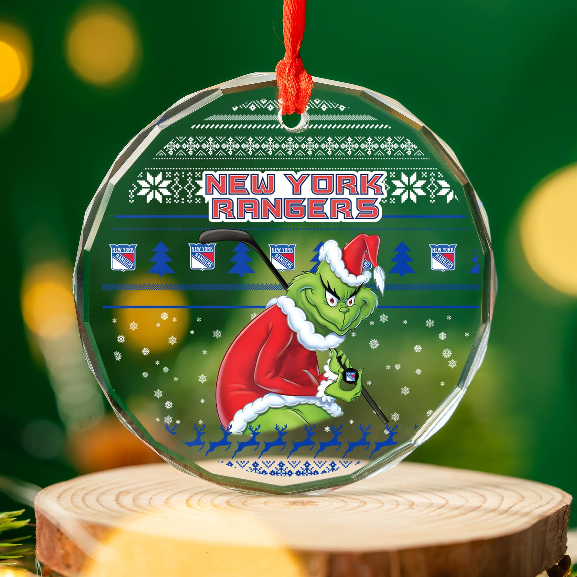 Sportswearmerch New York Rangers NHL x Grinch Christmas Glass Ornament For Fans