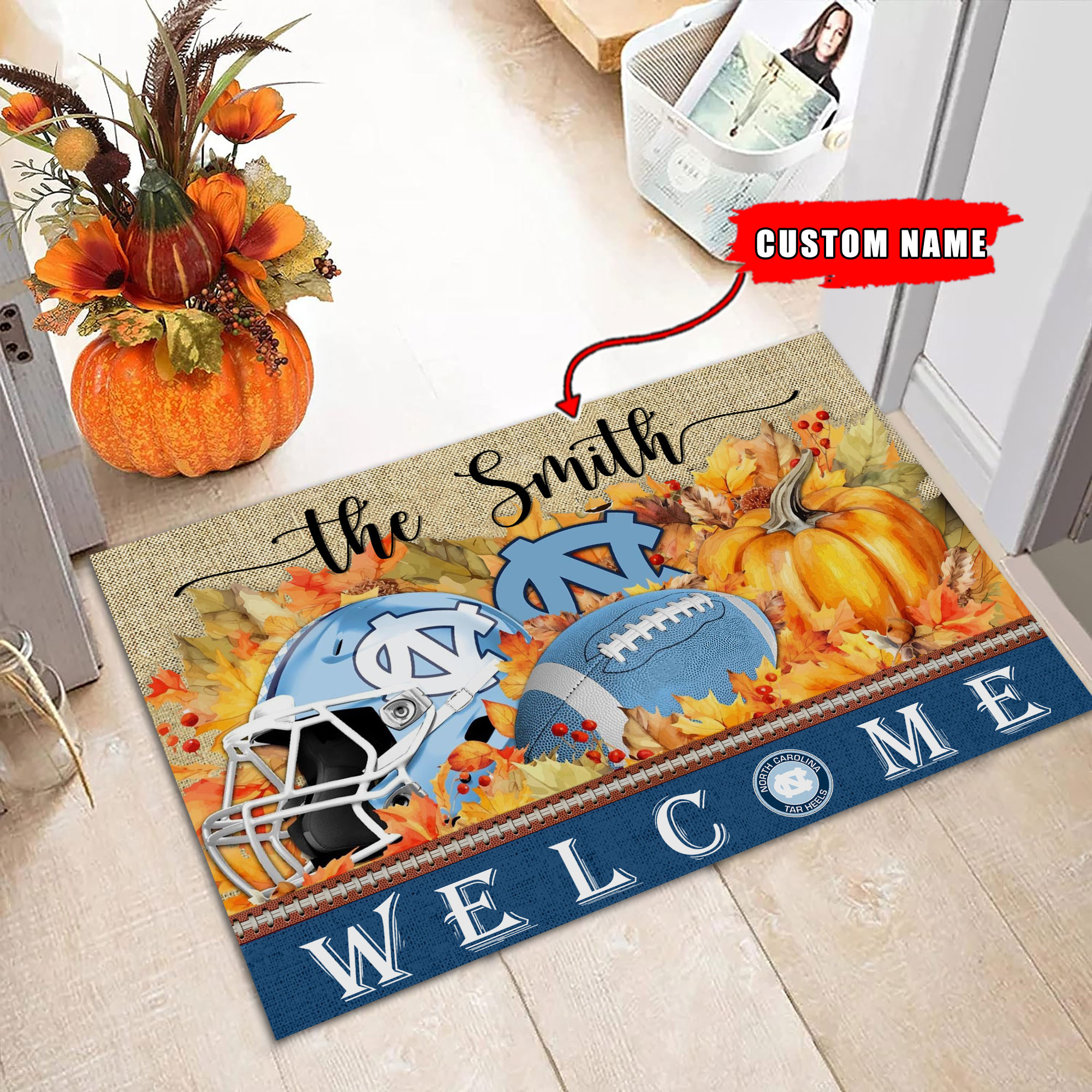 Sportswearmerch North Carolina Tar Heels NCAA Welcome Fall Football Doormat For Fan