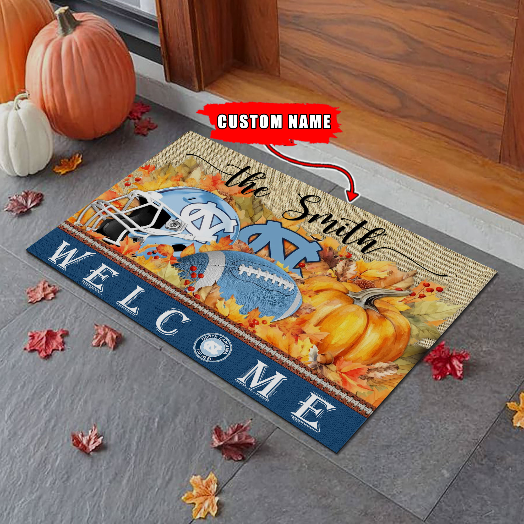 Sportswearmerch North Carolina Tar Heels NCAA Welcome Fall Football Doormat For Fan