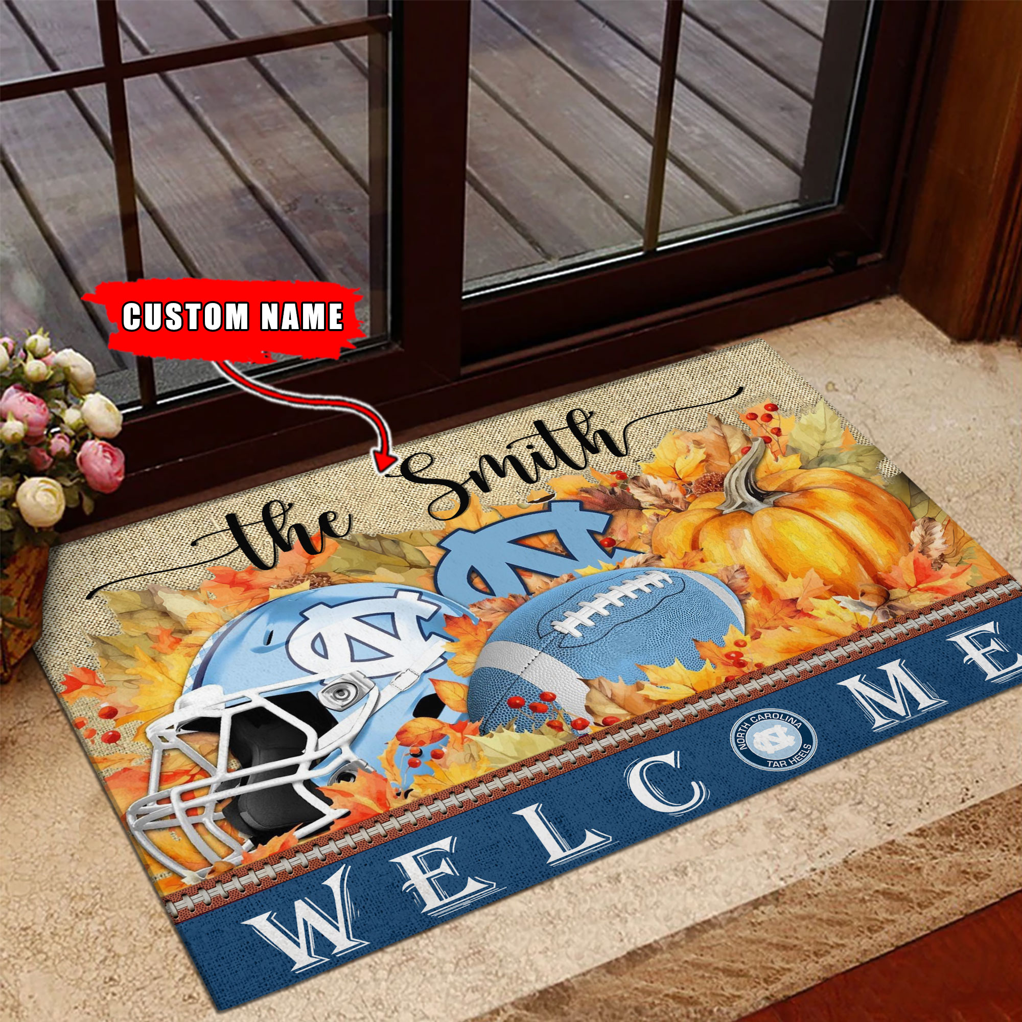 Sportswearmerch North Carolina Tar Heels NCAA Welcome Fall Football Doormat For Fan
