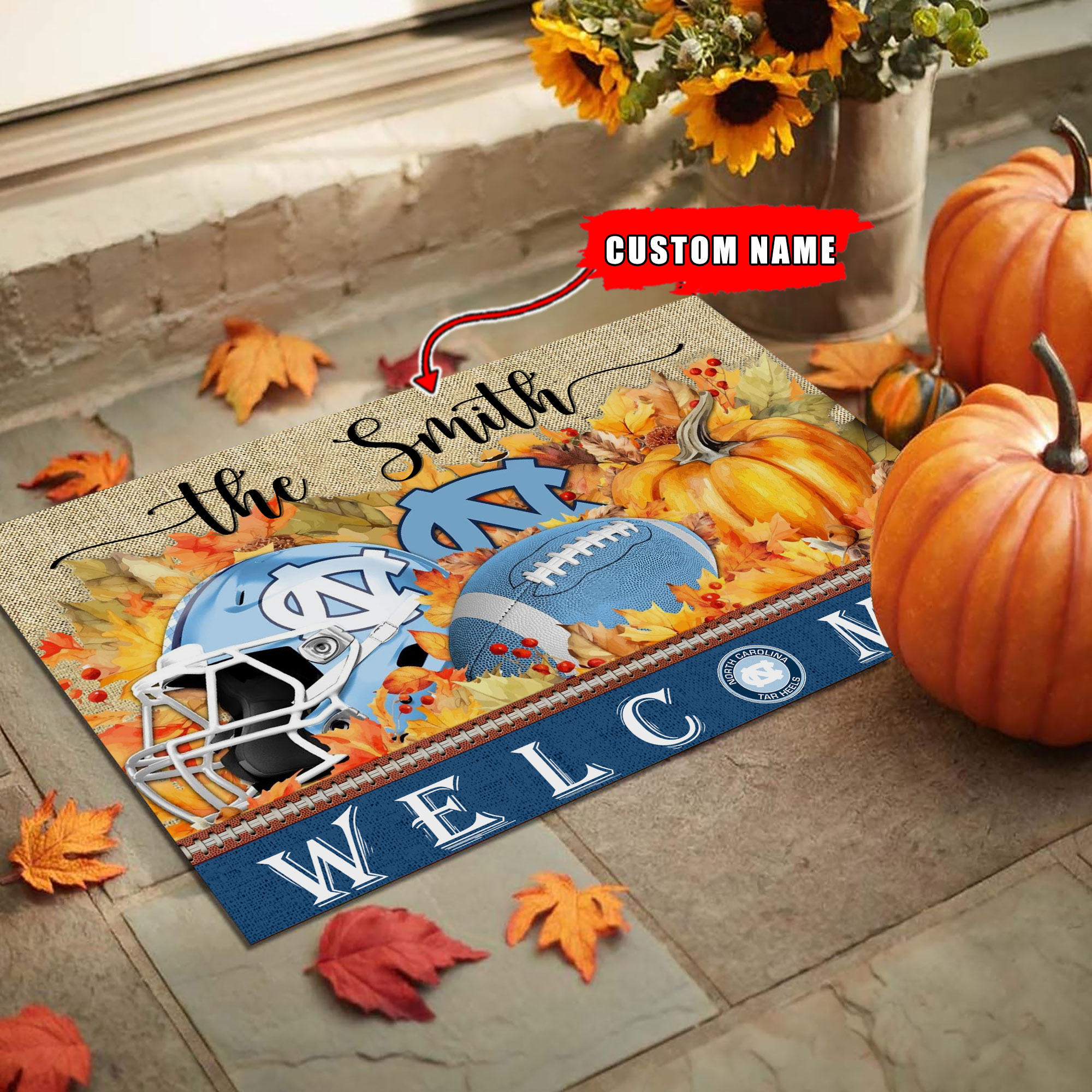 Sportswearmerch North Carolina Tar Heels NCAA Welcome Fall Football Doormat For Fan