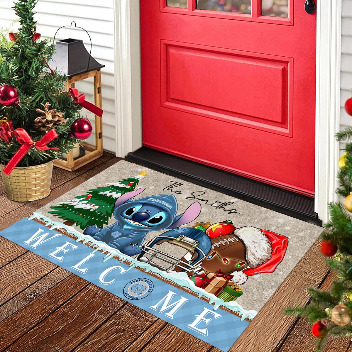 Sportswearmerch North Carolina Tar Heels NCAA x Cute Stitch Christmas Doormat For Fan