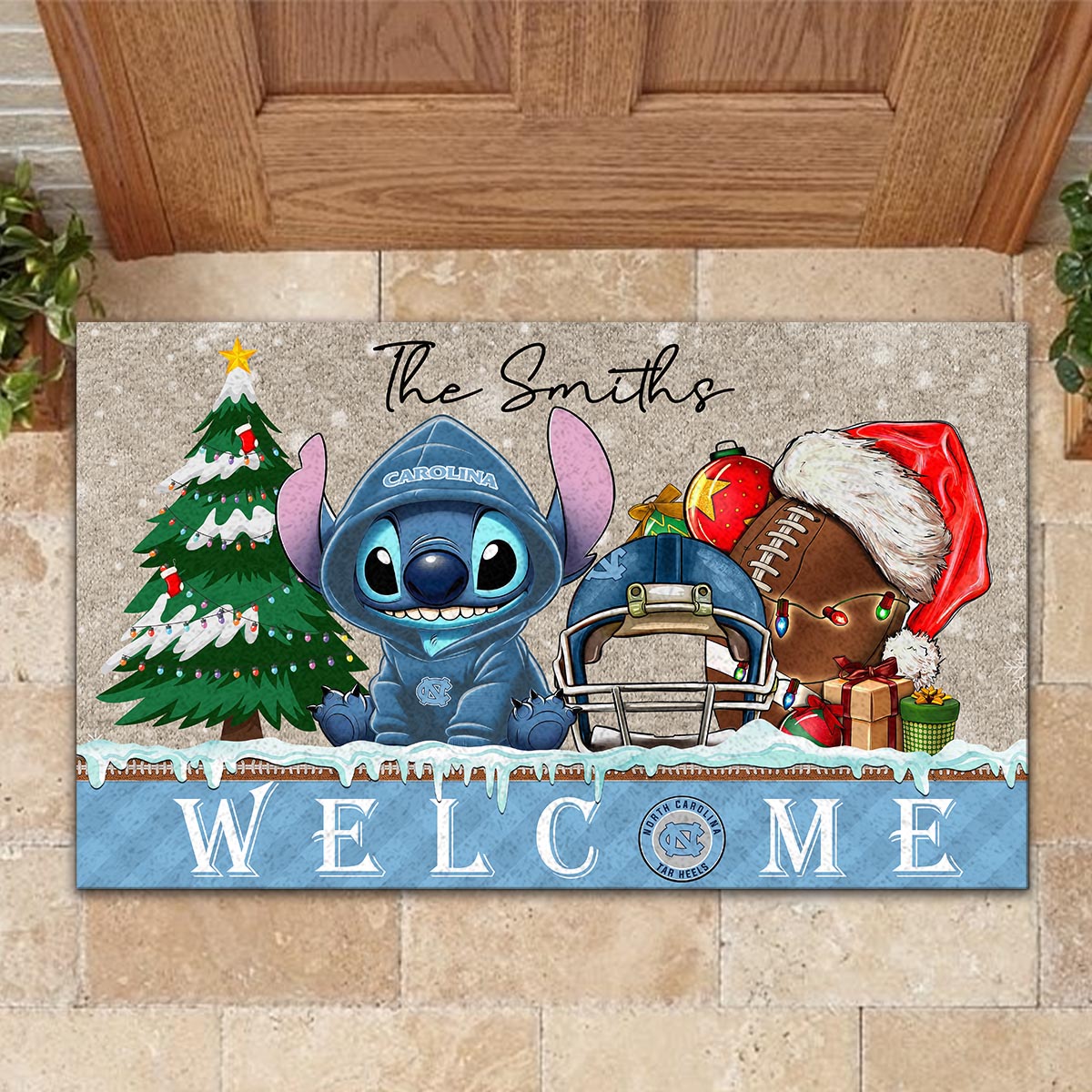 Sportswearmerch North Carolina Tar Heels NCAA x Cute Stitch Christmas Doormat For Fan