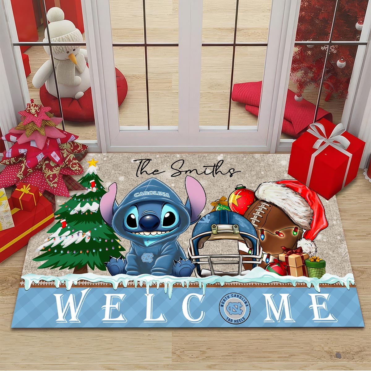 Sportswearmerch North Carolina Tar Heels NCAA x Cute Stitch Christmas Doormat For Fan