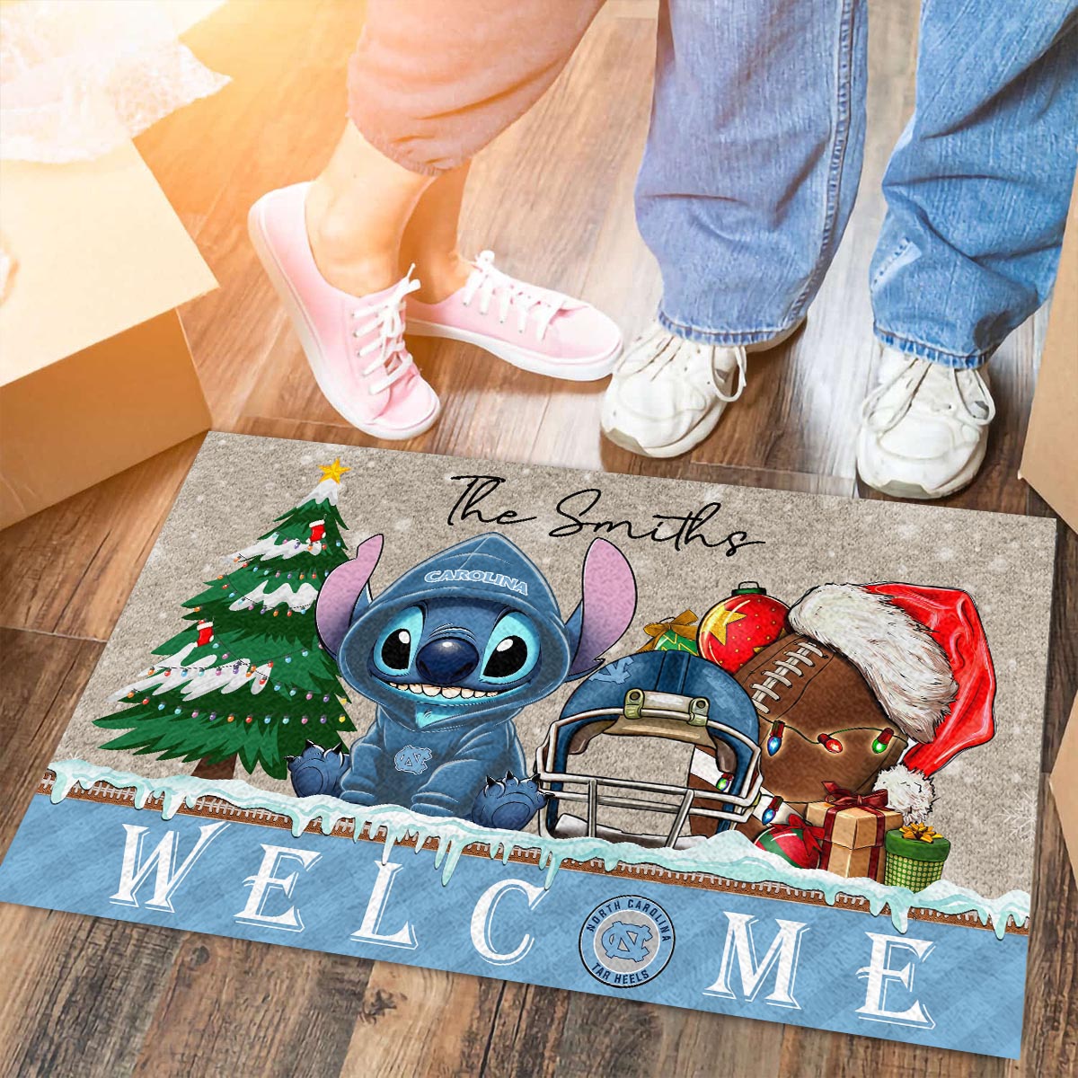 Sportswearmerch North Carolina Tar Heels NCAA x Cute Stitch Christmas Doormat For Fan