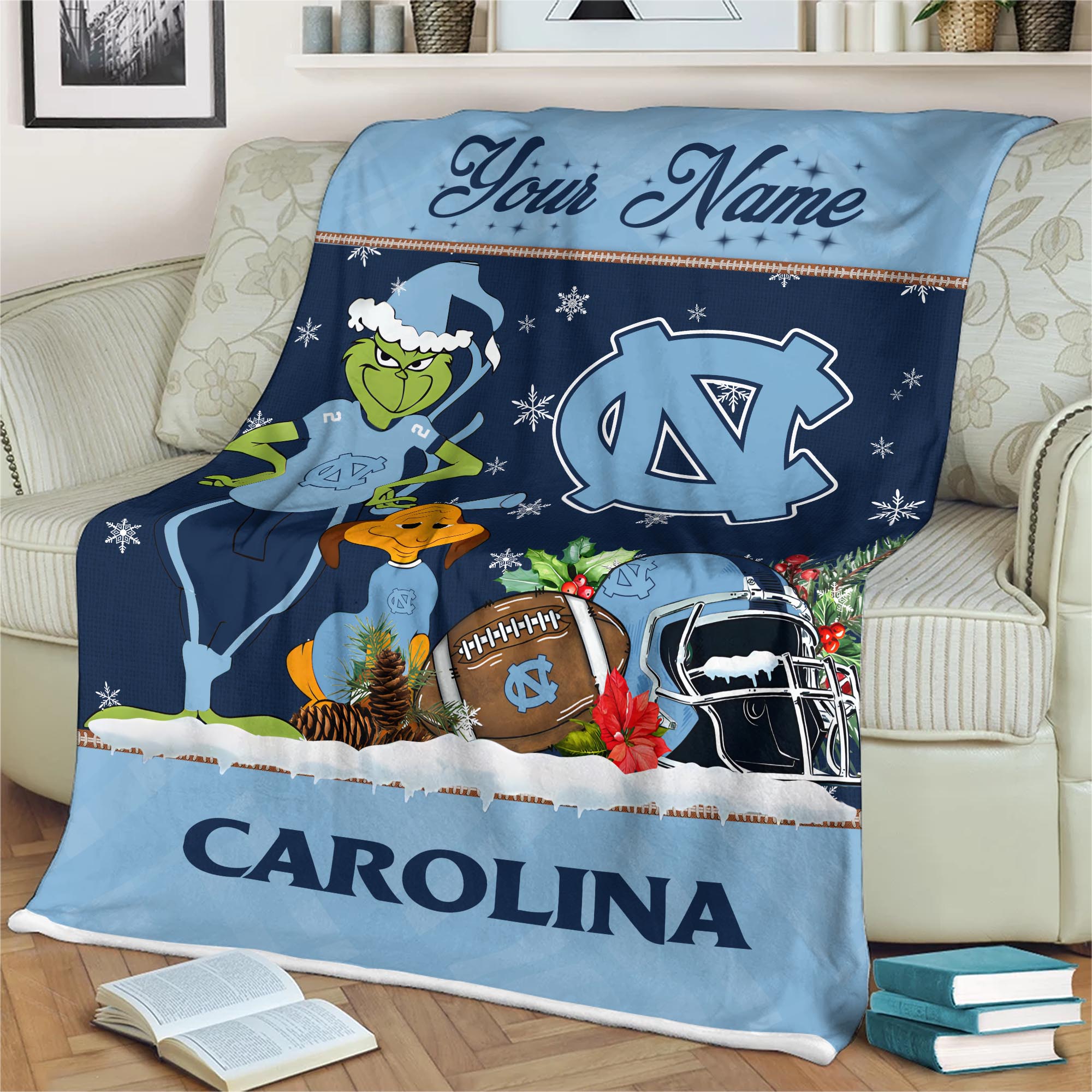 Sportswearmerch North Carolina Tar Heels NCAA x Grinch Christmas Fleece Blanket For Fan