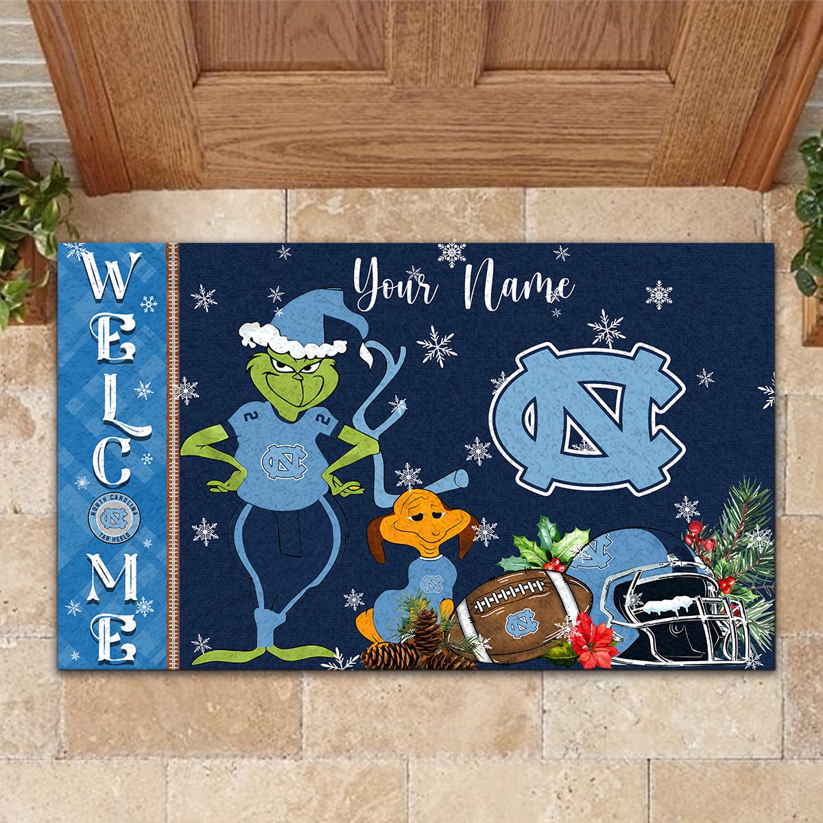 Sportswearmerch North Carolina Tar Heels NCAA x Grinch Christmas Welcome Football Doormat For Fan